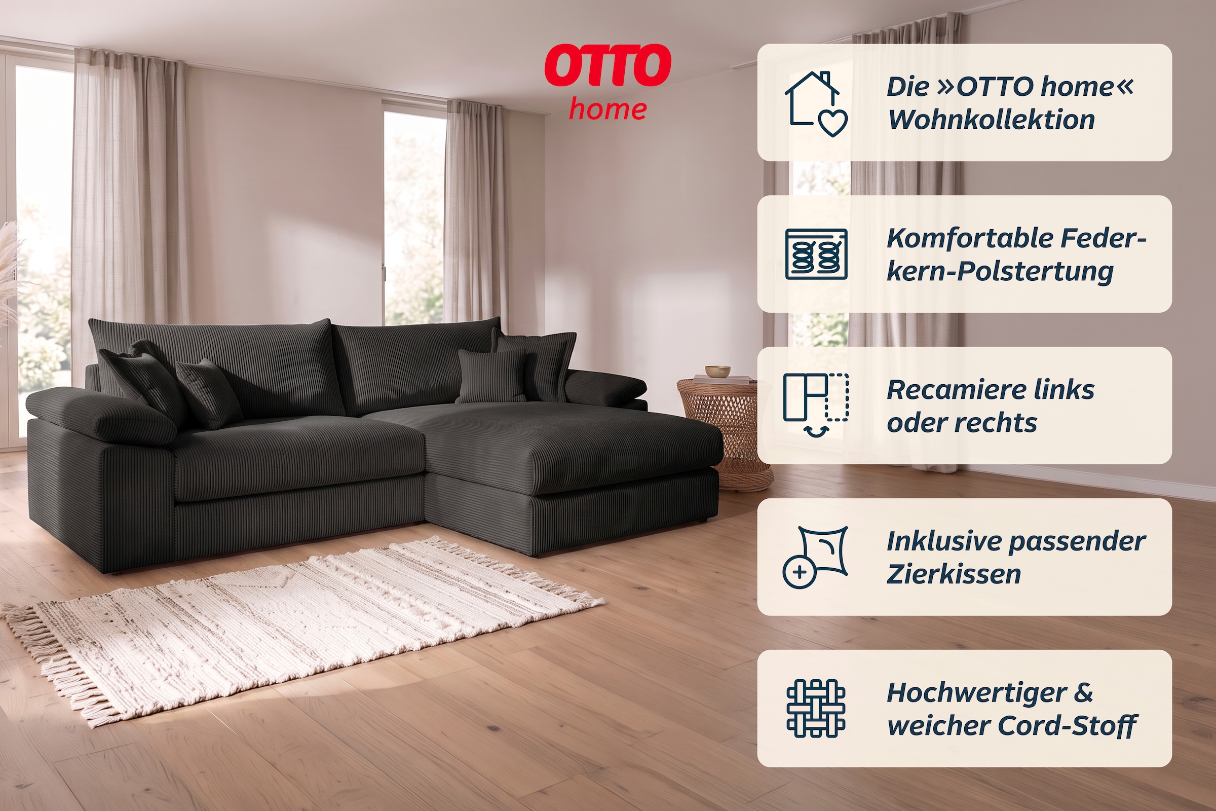 GOODproduct Canapé d'angle »Soft&Cosy XXL L-Form, B: 303 cm - OTTO. Verlässliche Qualität.« Mega-canapé, structure en velours côtelé ou chenille, avec ressorts et 4 coussins décoratifs