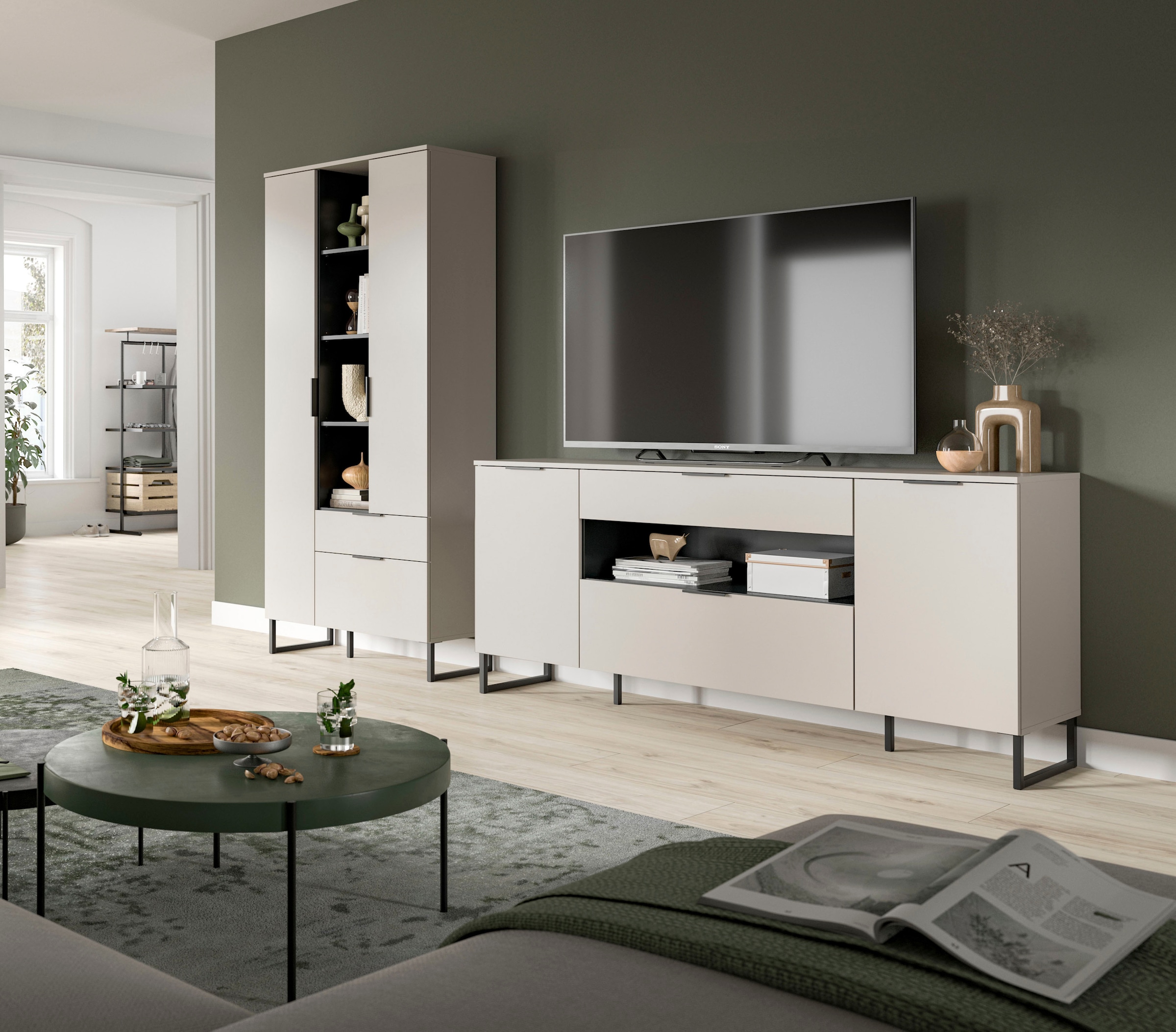 Home affaire Meuble mural »ADIO, Breite 290 cm, 2-teiliges Set, mit Metall-Kufenfüsse« Set, bestehend aus: Mehrzweckschrank und Sideboard, 2 cuis tlg.