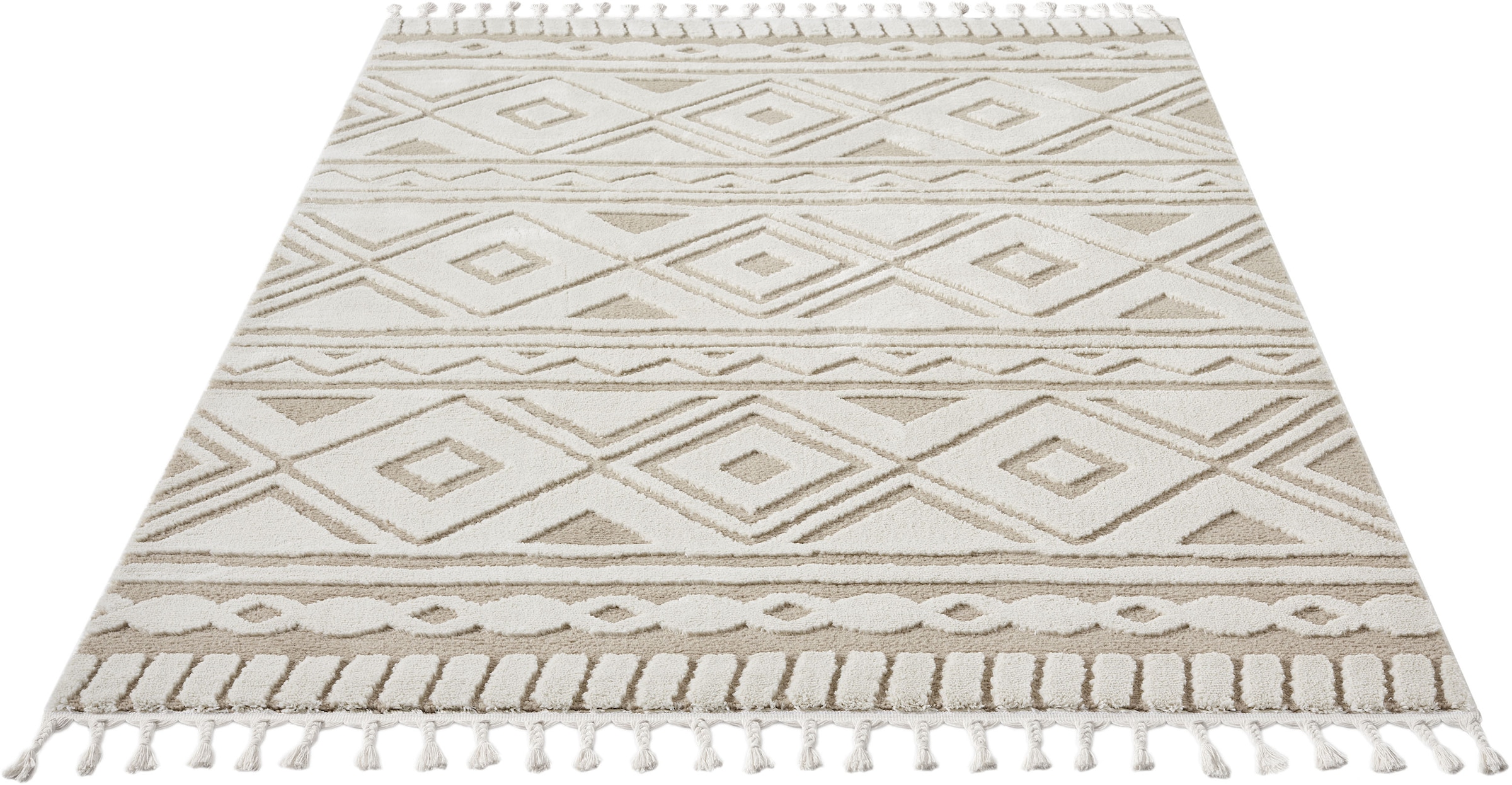 my home Teppich »Bonvo« rechteckig 19 mm Höhe mit Fransen, Hoch-Tief-Struktur, Wohnzimmer, Schlafzimmer, Boho-Style