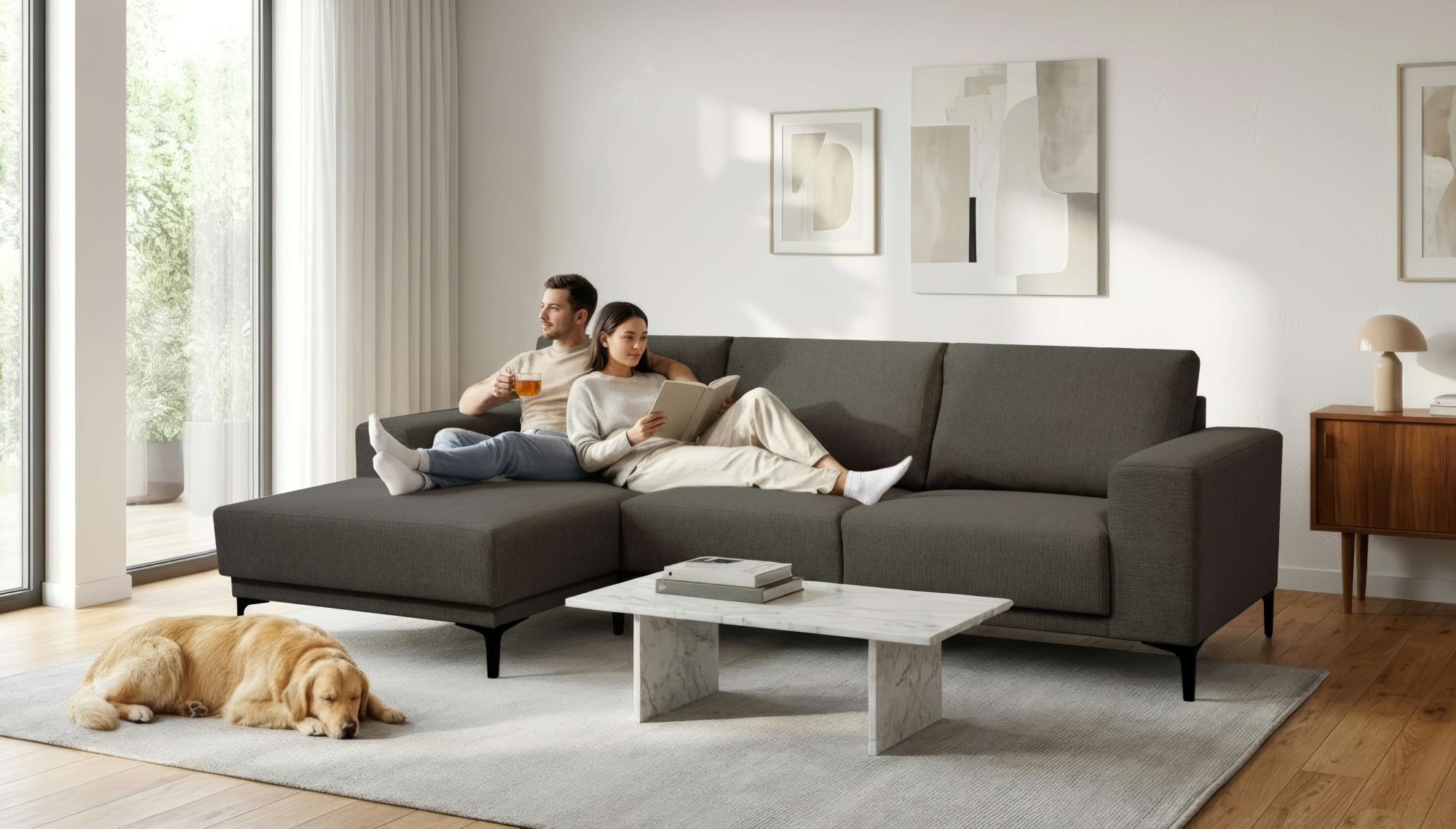 GOODproduct Canapé d'angle »Xander, L-Form« Largeur 280 cm, chenille toucher doux, pieds métalliques noirs