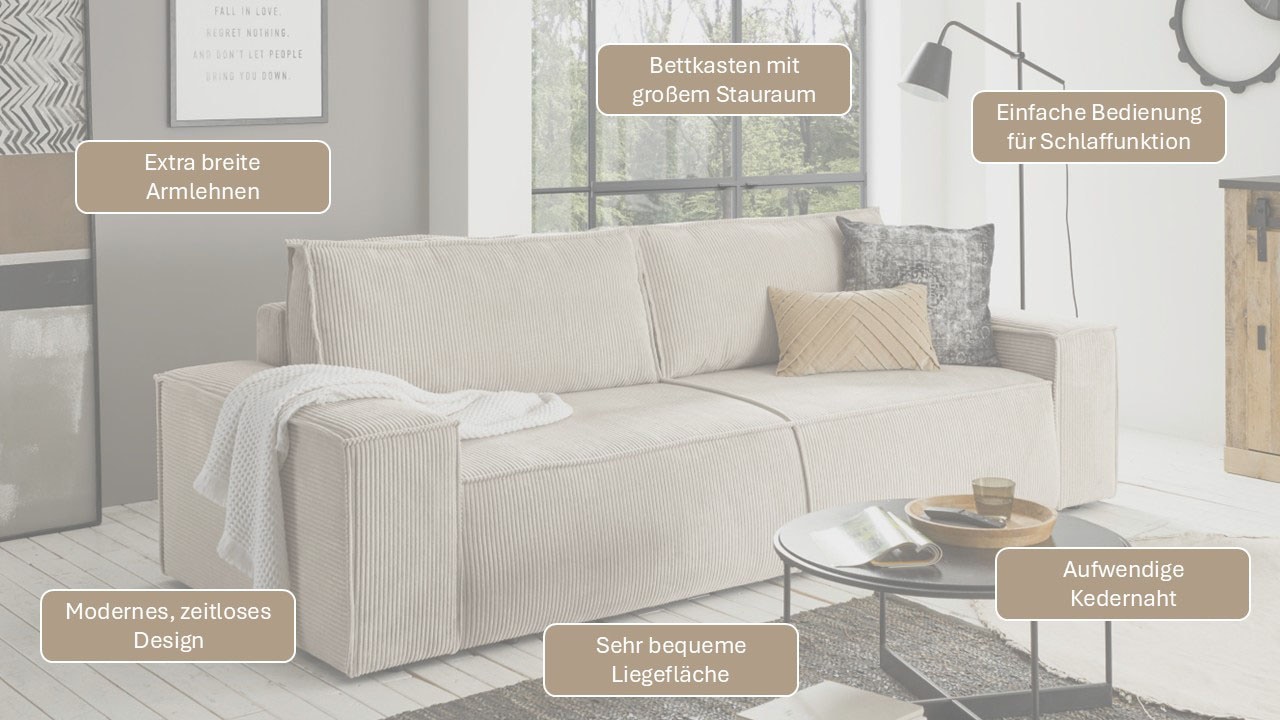 Home affaire 3-places »SHERWOOD Schlafsofa (257cm) Cord, Samtvelours, Vintage-Lederoptik« Schlaffunktion mit Bettkasten (ca. 136/200cm)