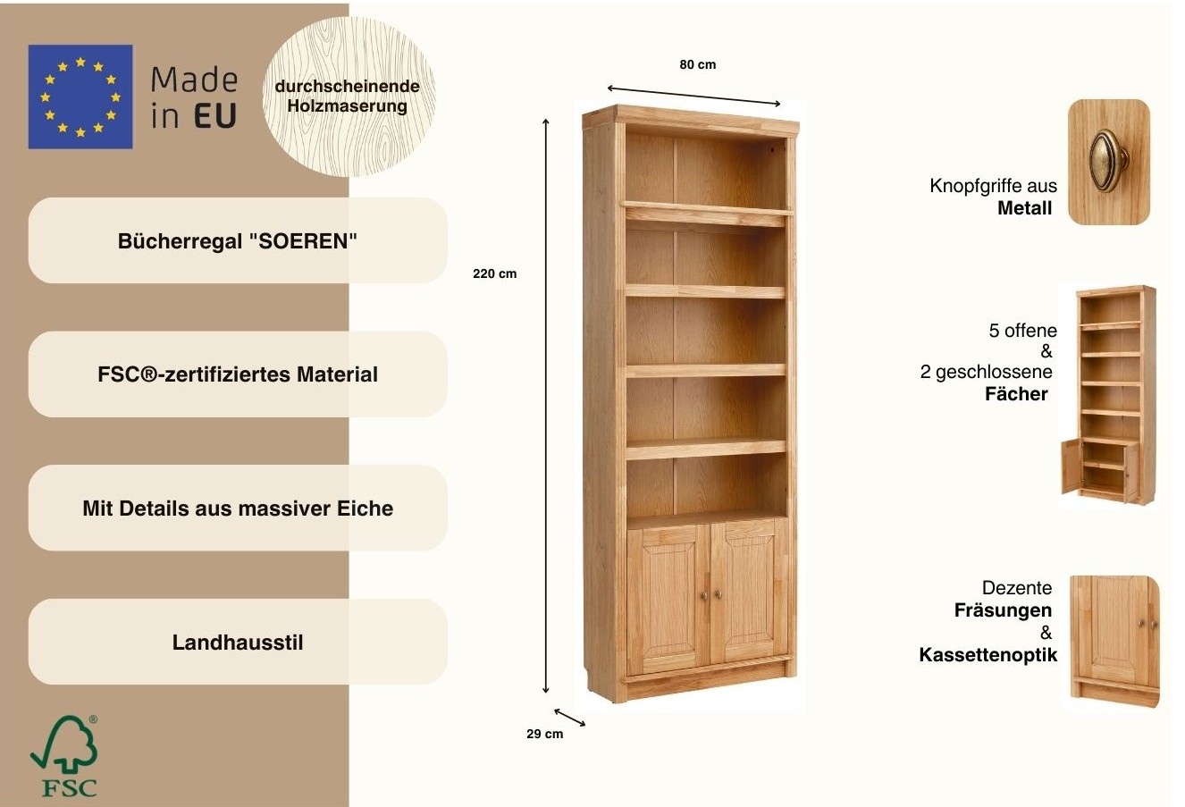 Home affaire Étagère à livres »Soeren Eiche Regal B/T/H: 80/29/220 cm mit 2 Türen« aus teilmassiver Eiche, FSC®-zertifiziert, insgesamt 7 Fächer