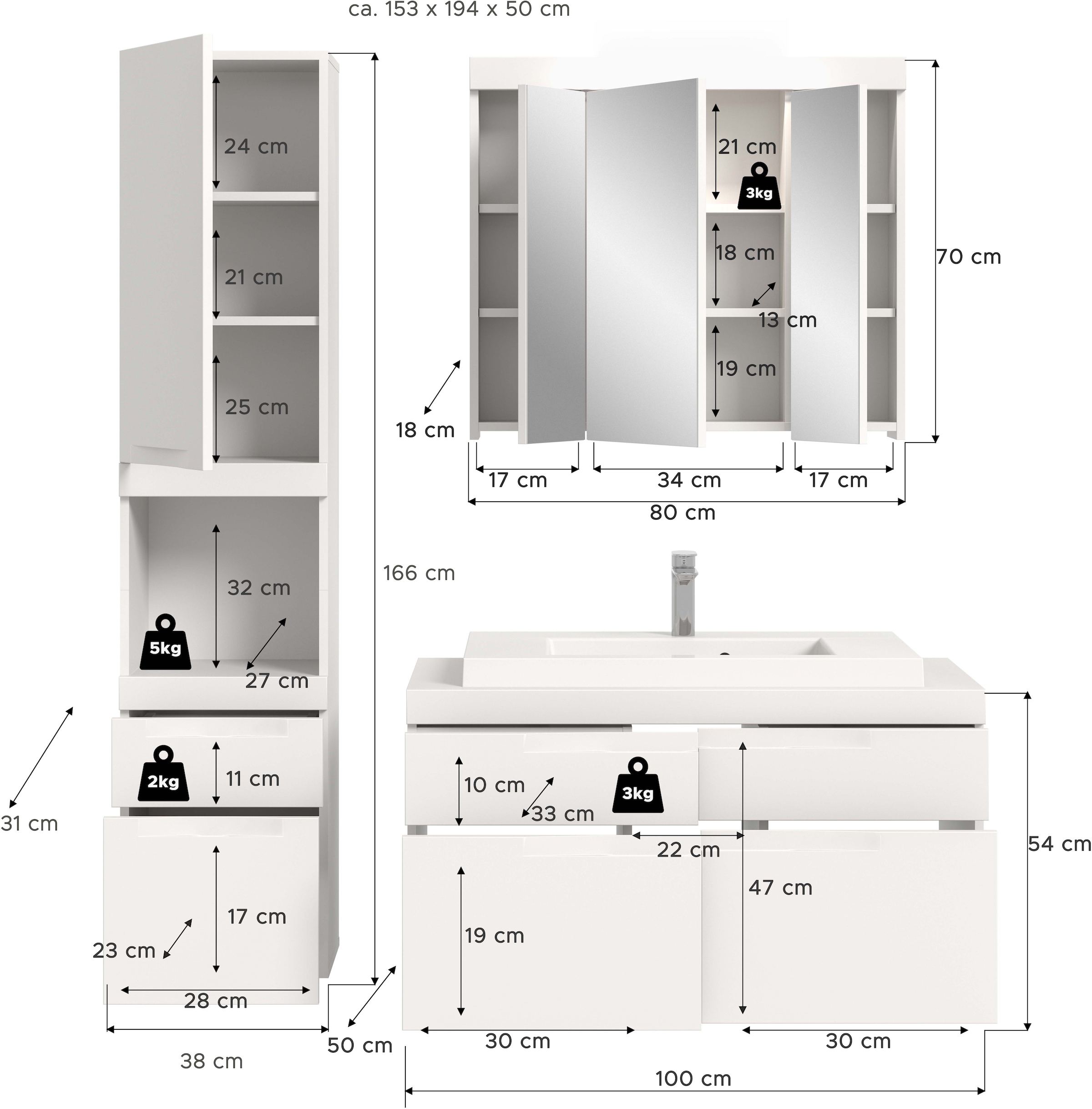 GOODproduct Badmöbel-Set »MAOI, 3-tlg. Badkombi, hochwertige MDF Front, optional mit Beleuchtung«