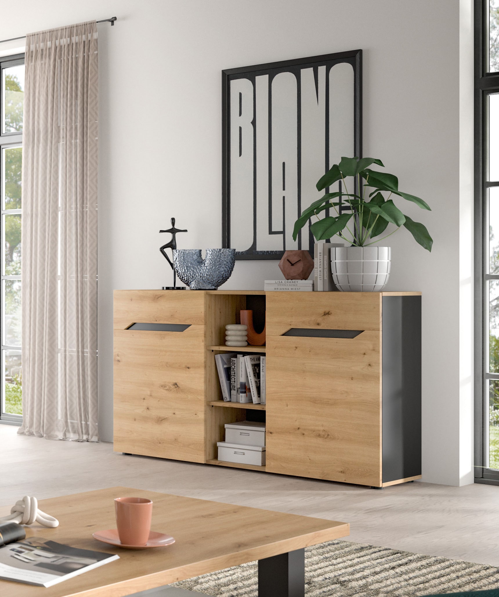 Home affaire Sideboard »SERTA, Breite: 130cm, 2 Türen, 3 offene Fächer, viel Stauraum« Anrichte, Kommode, Schrank, Board, Higboard