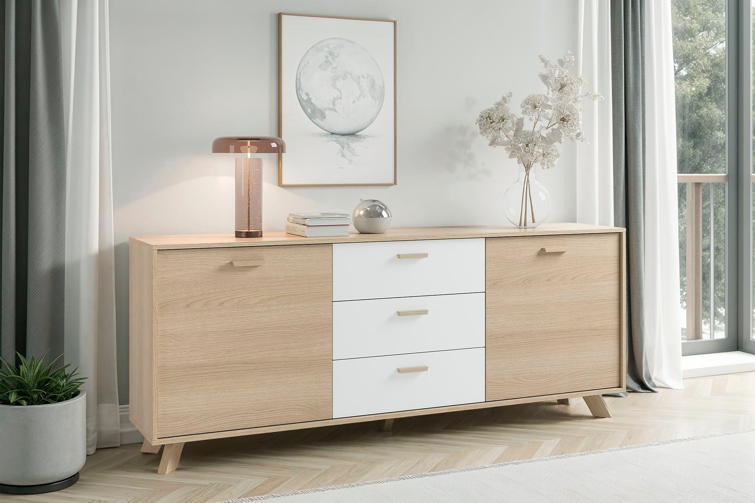 byLIVING Sideboard »Bastian« 1 Stk. tlg. mit massiven Holzfüssen und Griffen, natürlicher Eichenlook, 180cm