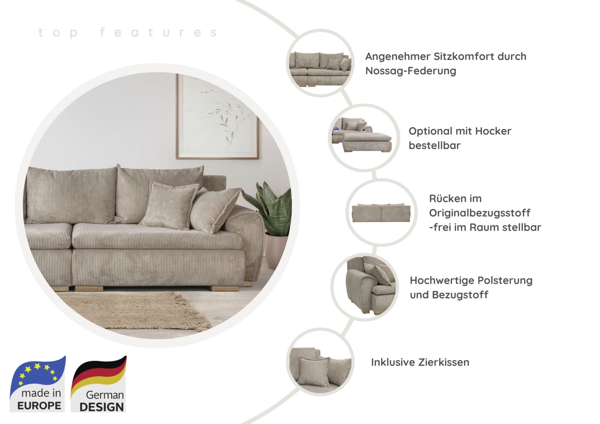 Home affaire Big-Sofa »Katja, B: 275 cm« Mega-Sofa mit 4 Zierkissen