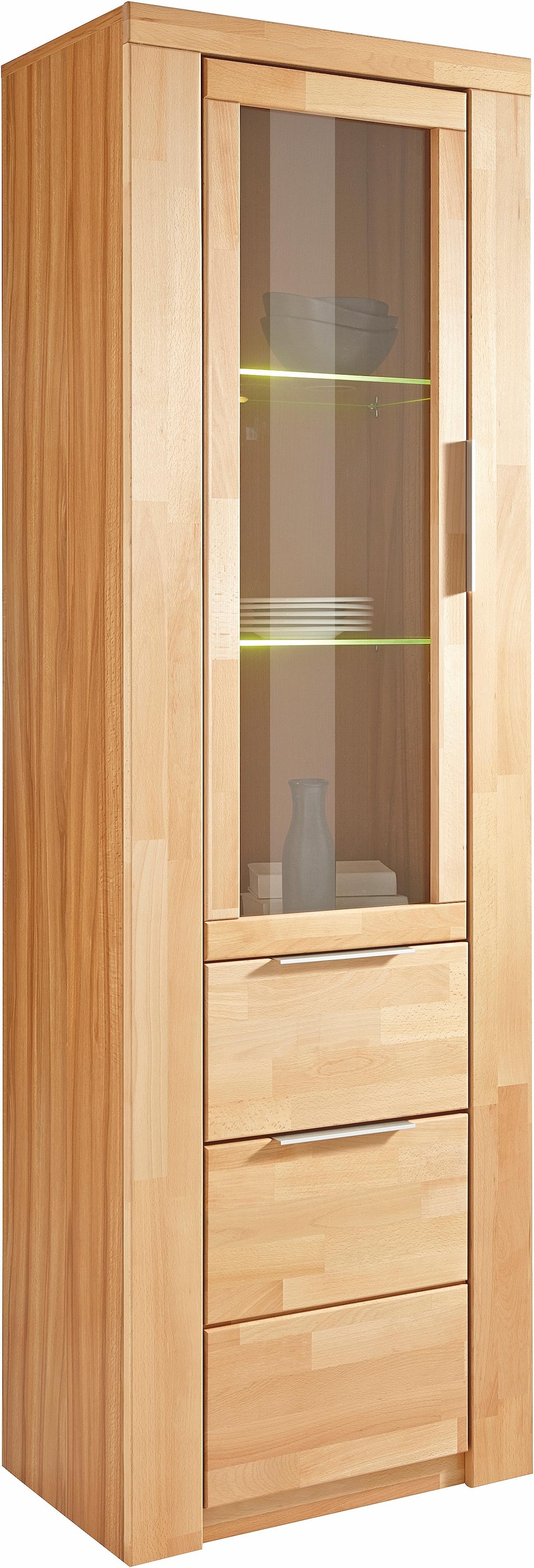 GOODproduct Vitrine »ZARA75, 2 Glasboden variabel, Türen L/R, 1 Schublade, Wohnzimmer« B/T/H:60/40/190cm,Front massivholz,5 Fächer,Griffe silberfarben, geölt