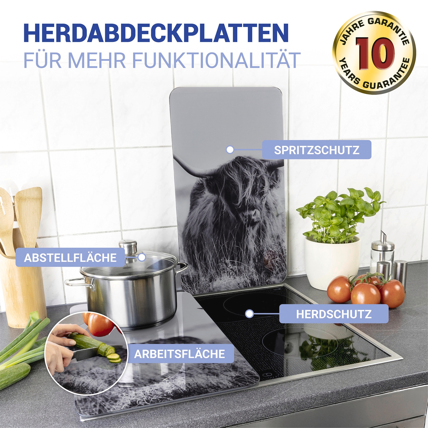 WENKO Herd-Abdeckplatte »Universal Modell Highland Cattle« Herdabdeckung für alle Herdarten, kratzfest, mit rutschfesten Füssen