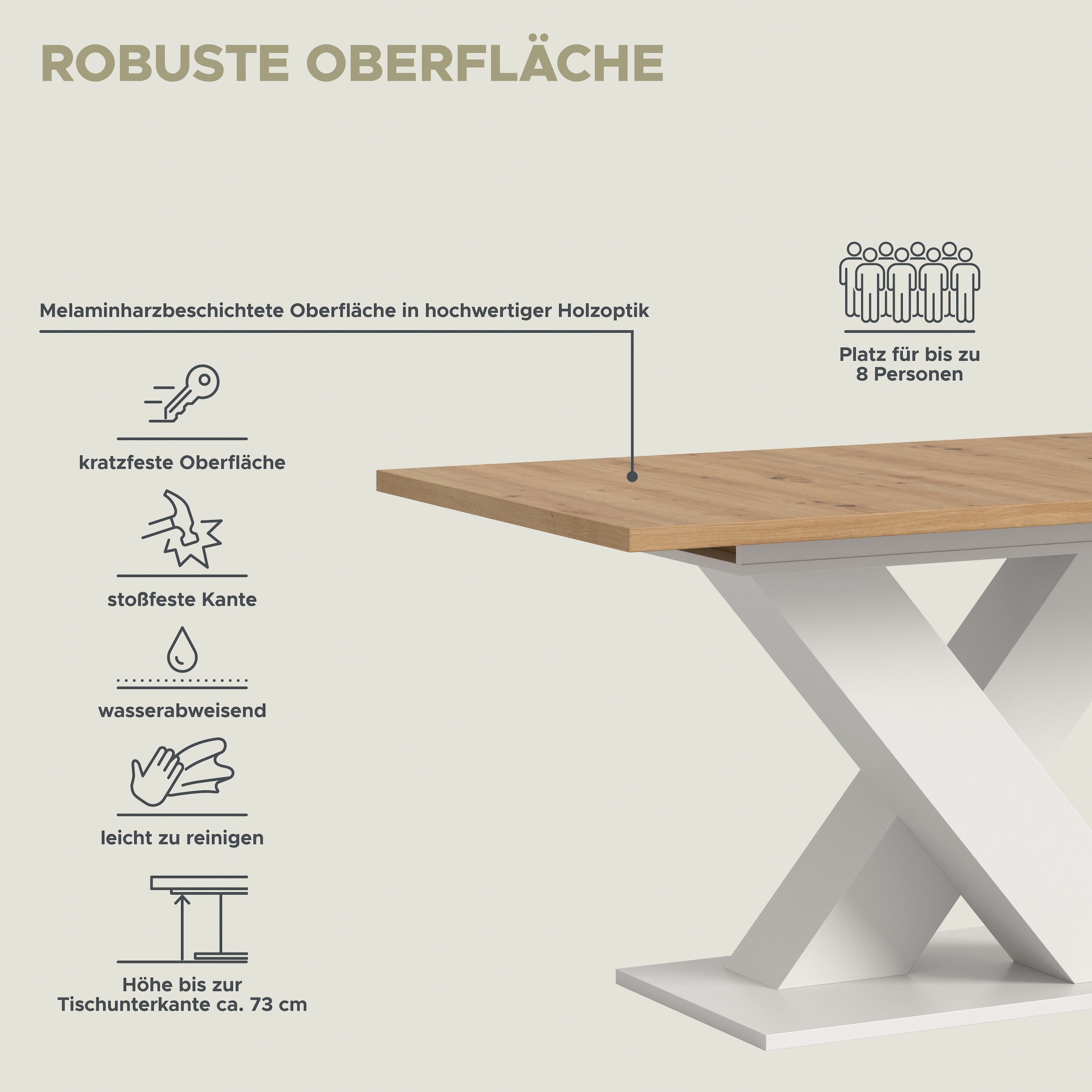 Home affaire Table de salle à manger »Motus, ausziehbar 150 -190 cm, inklusive 40 cm Einlegeplatte« Set, 1 cuis tlg. X-Gestell mit Bodenplatte, Tisch, Küchentisch, Esszimmer, Küche