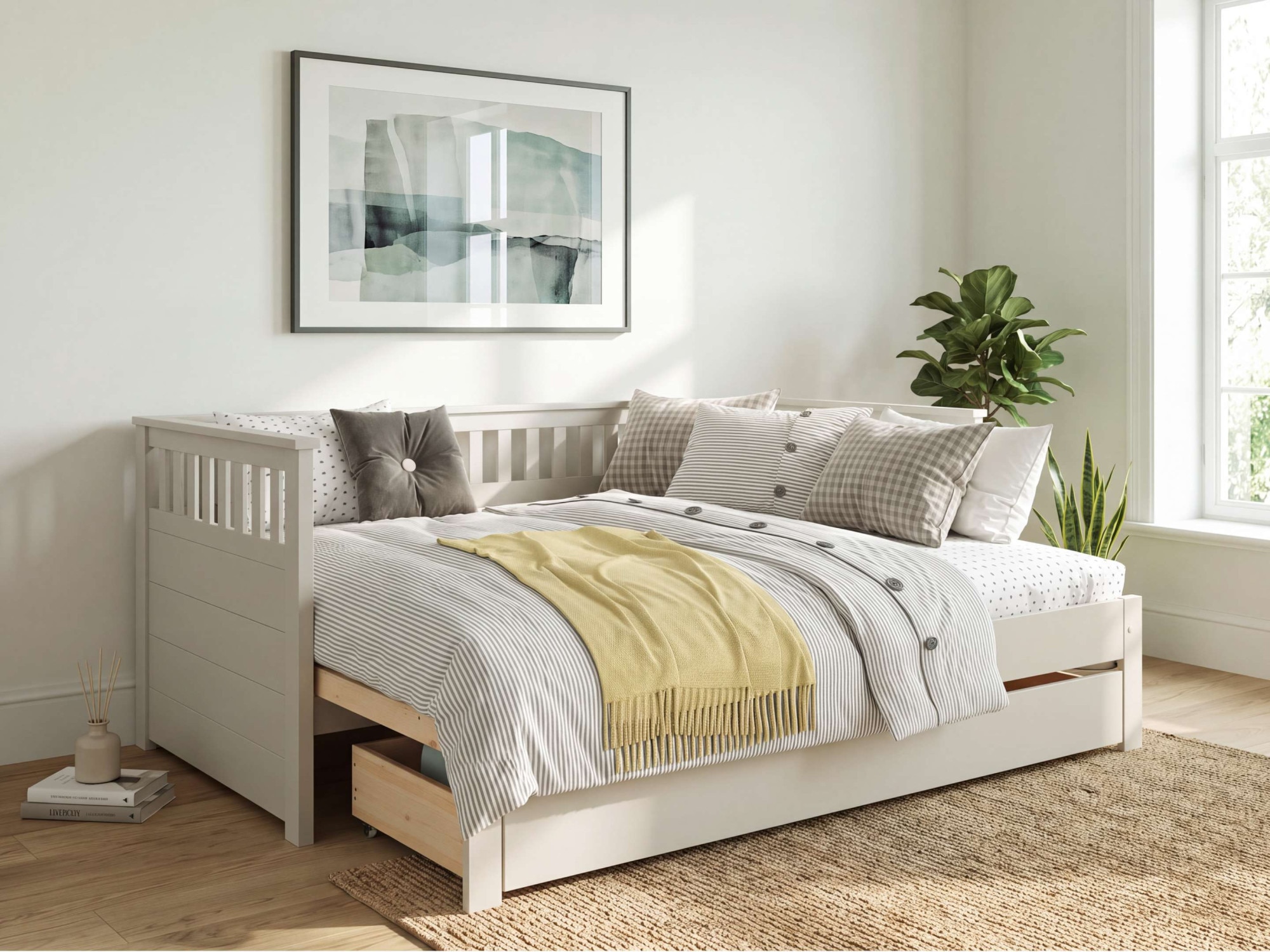 GOODproduct Lit de jour »Morrick, ausziehbar, 2 Schlafplätze + Schublade, Cashmere Beige« en pin massif et MDF, comprenant coffre de lit et sommiers à lattes,