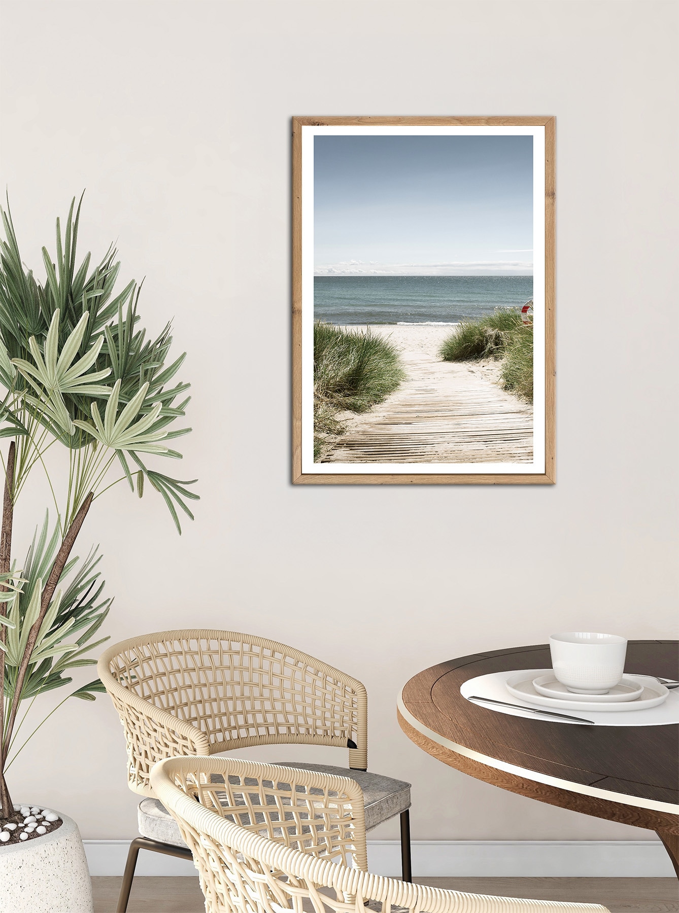 Bönninghoff Bild mit Rahmen »Wandbild gerahmt STRANDWEG 50x70 cm – Holzsteg zum Meer im Scandi Stil« Düne | Gräser | Küste | Landschaft | Meer | Natur | Strand 1 Stk. tlg. mit dekorativem Rahmen
