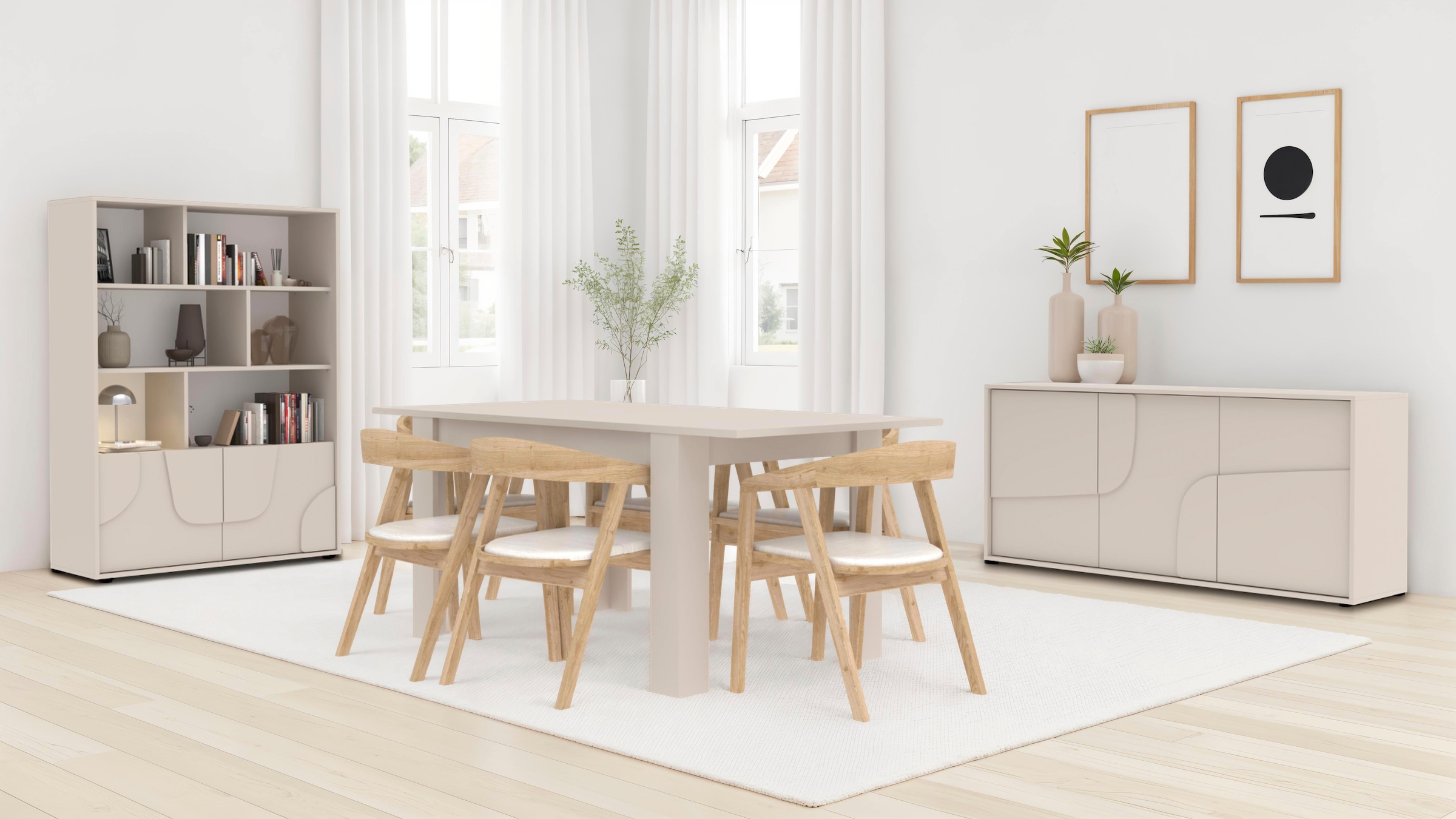 INOSIGN Highboard »Stone, H 155/141, B 105 cm, 2 Türen, 6 offene Fächer, Regal-Schrank« 3D-Design, Push-to-open, Stauraum dekorativ & praktisch, Füsse wählbar