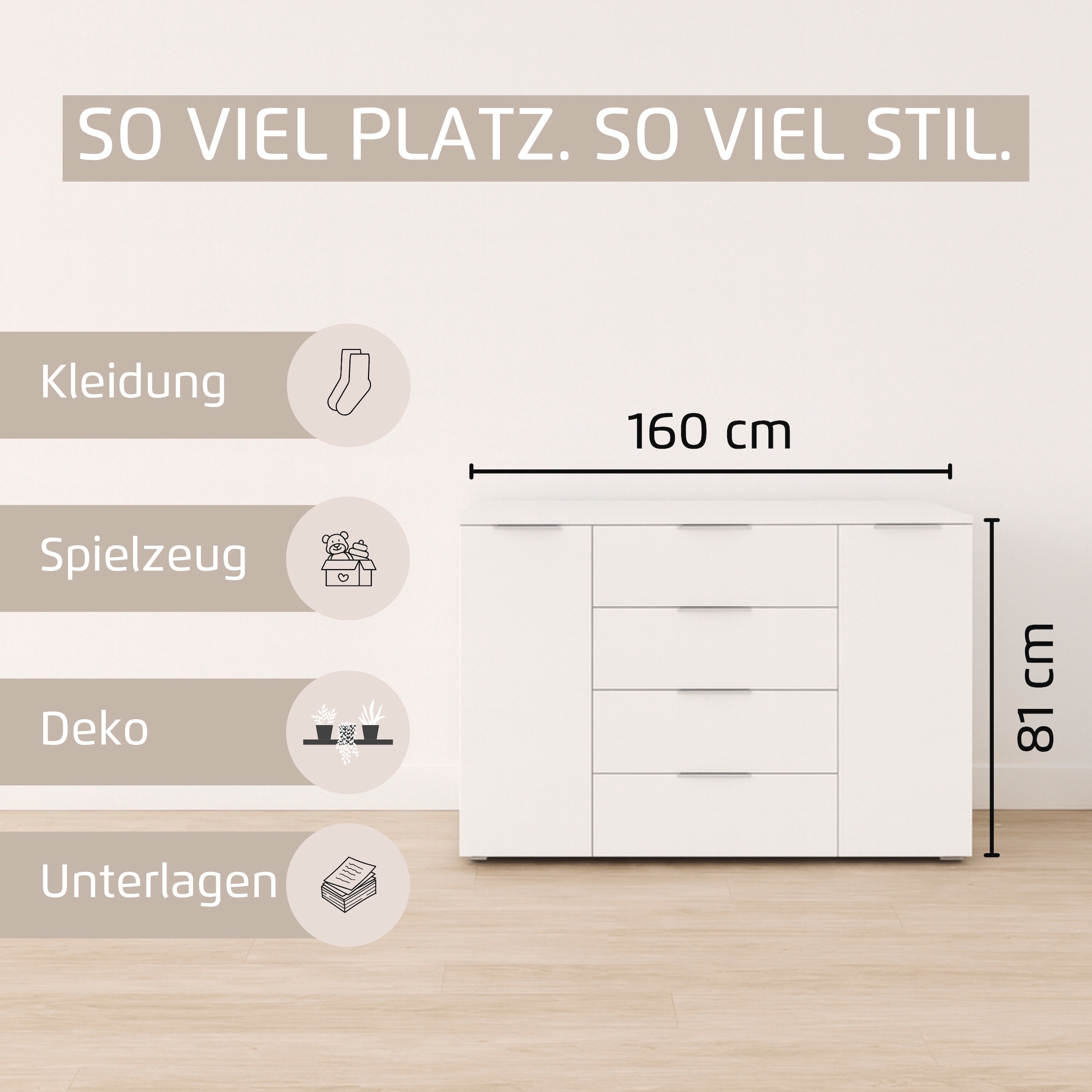 GOODproduct Kombikommode »Kommode Sideboard Schubladenkommode Schlafzimmerkommode ASTANA« Breite 160 cm / Höhe 81 cm, mit 4 Einlegeböden,  2-türig, 4 geräumige Schubladen, Kantengriff Alufarben MADE IN GERMANY