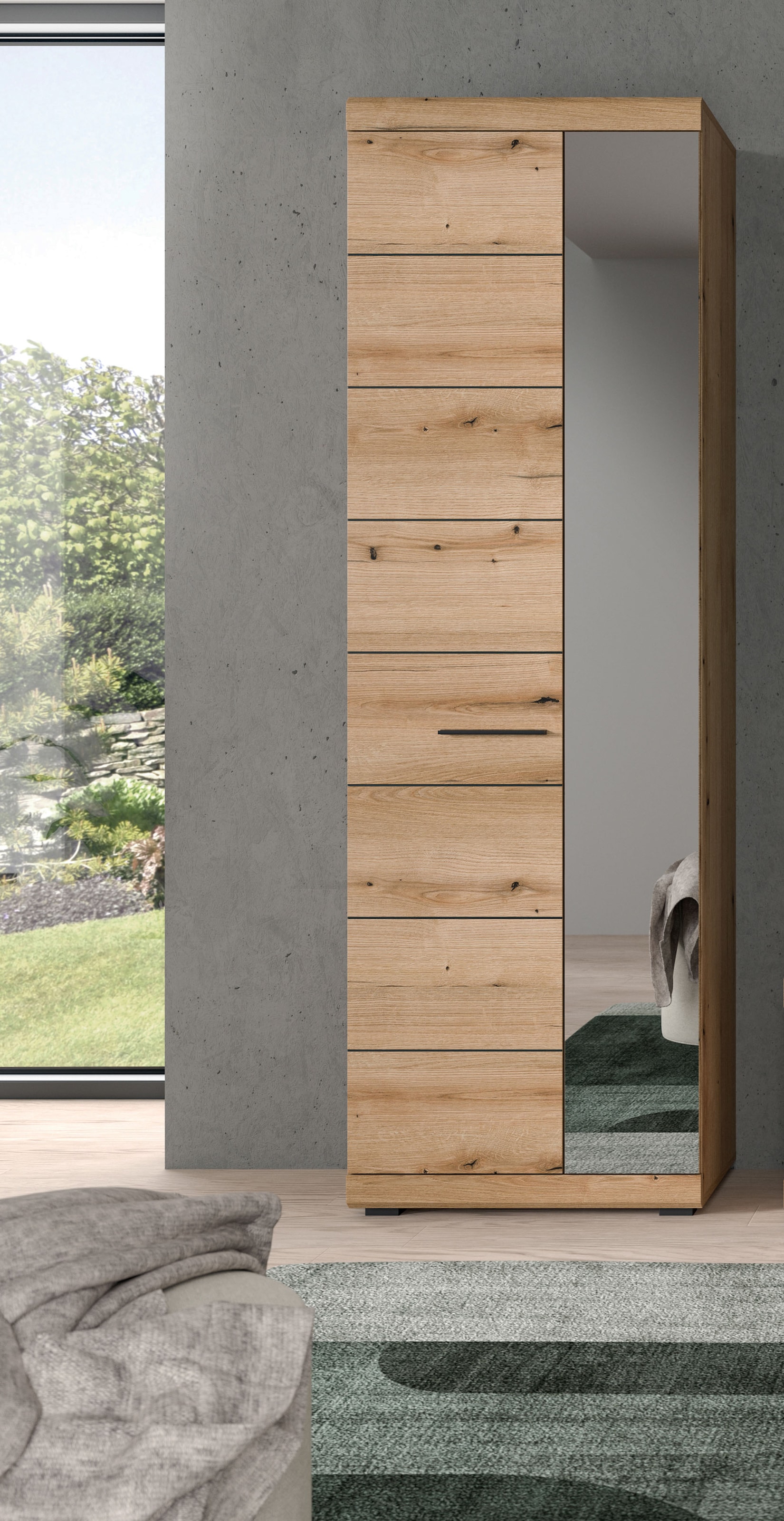 INOSIGN Garderobenschrank »SIENA, Höhe 197cm, 2 Türen,  4 Einlegeböden, ausziehbare Kleiderstange« hochwertige Rillenfräsung in MDF Front, 1 Stk. tlg. Stauraumschrank, Flurschrank, Dielenschrank