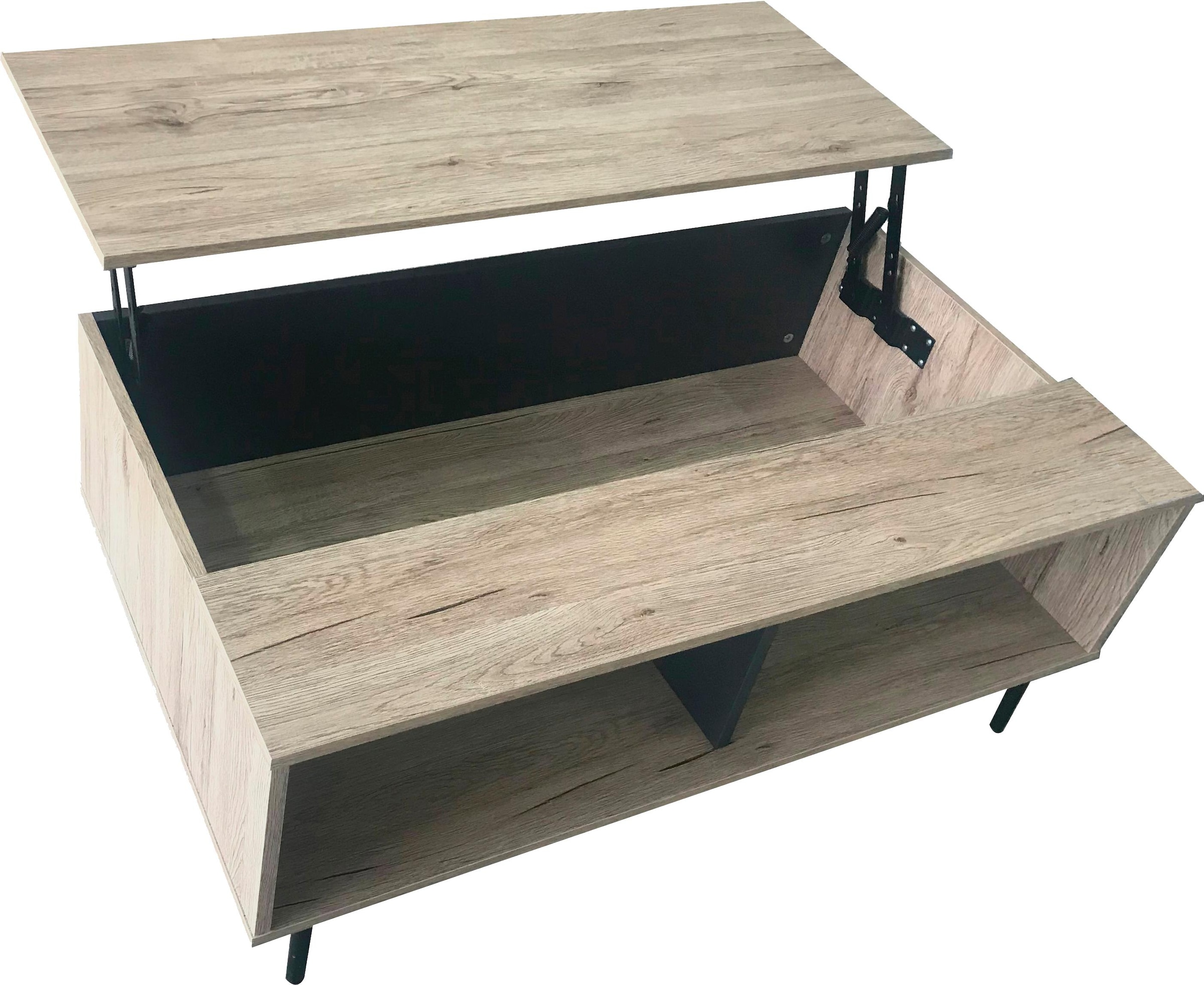 SIT Table basse »Mértola im Scandi-Stil mit 2 offenen Fächern und Ausziehplatte« Plateau réglable en hauteur avec surface de rangement extensible