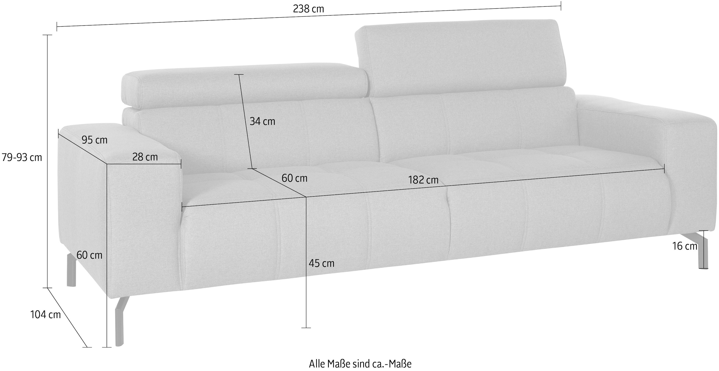 DOMO collection 2,5-places »Cunelli zeitlos und elegant, moderne Sitznähte als Designelement,« wahlweise mit 6-fach verstellbaren Kopfteilen, fester Sitzkomfort