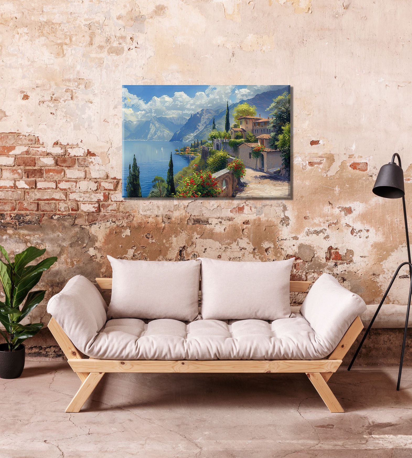 Bönninghoff Leinwandbild »Wandbild STADT AM BERGSEE 60x90 cm – Leinwandbild Keilrahmen Deko« Berge | Gebäude | Italien | Landschaft | Natur | See | Seebilder 1 Stk. tlg. auf Keilrahmen gespannt