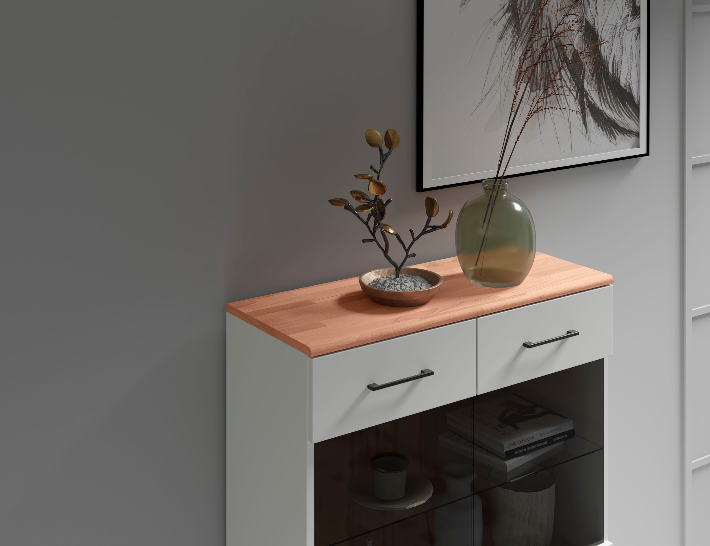 GOODproduct Vitrine »Ribe, 125 cm hoch, Fronten Massivholz, 4 breite Fächer« Korpus Holzwerkstoff, 2Türen mit Glaseinsatz, einlegeboden verstellbar