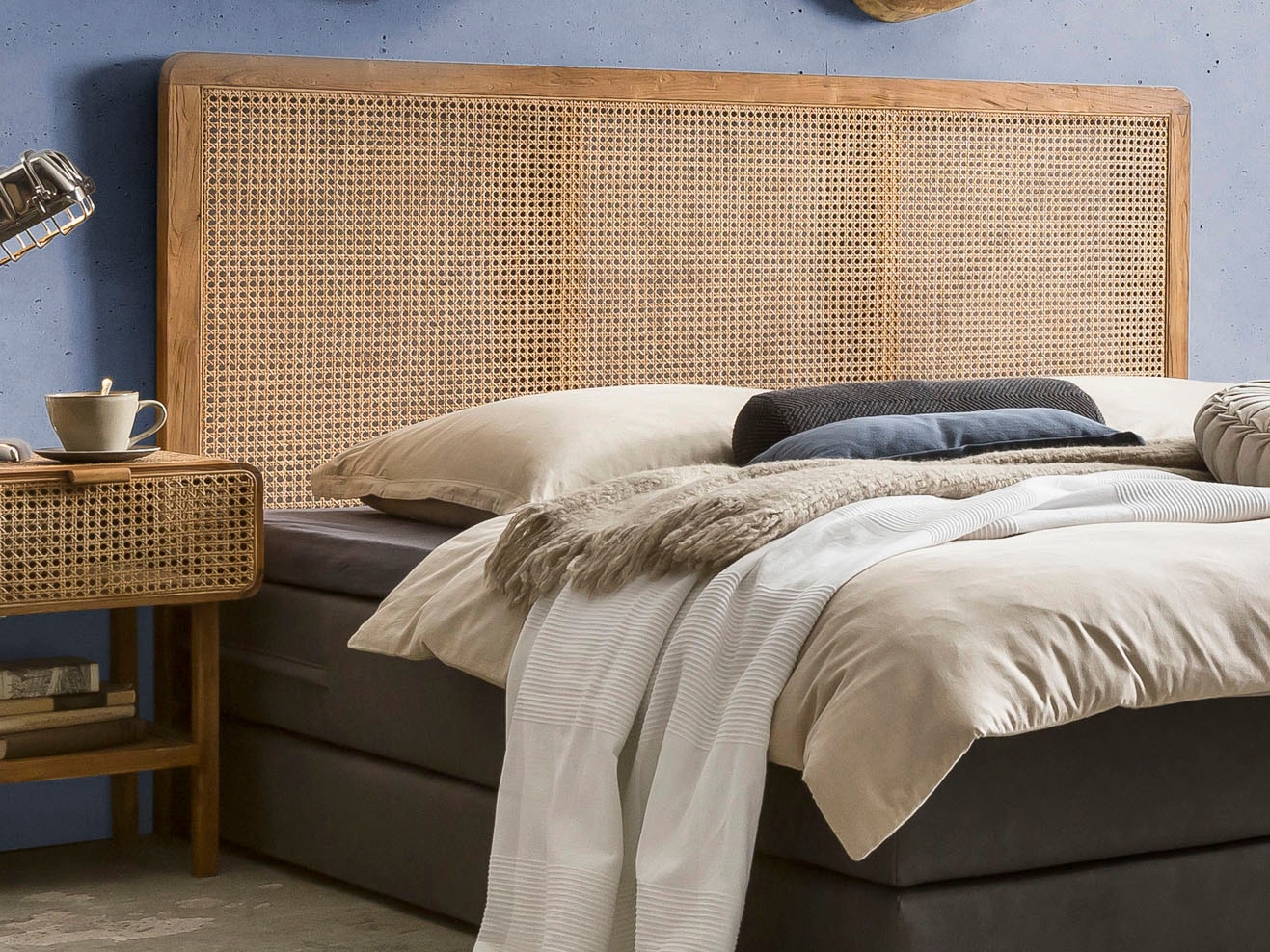 SIT Tête de lit »Formentera 200 cm aus Teakholz mit Rattan-Geflecht« Tête de lit haute avec vannerie viennoise et espace au sol de 40 cm