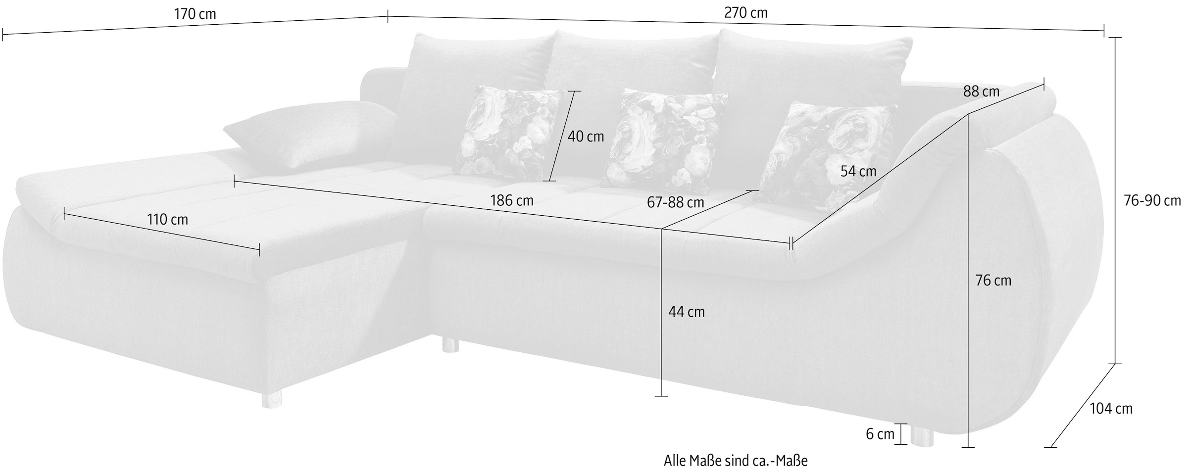 Home affaire Ecksofa »Imolaa elegant, Breite 270cm, moderne Sitzsteppung, bequem, L-Form« auch mit Bettfunktion und Bettkasten