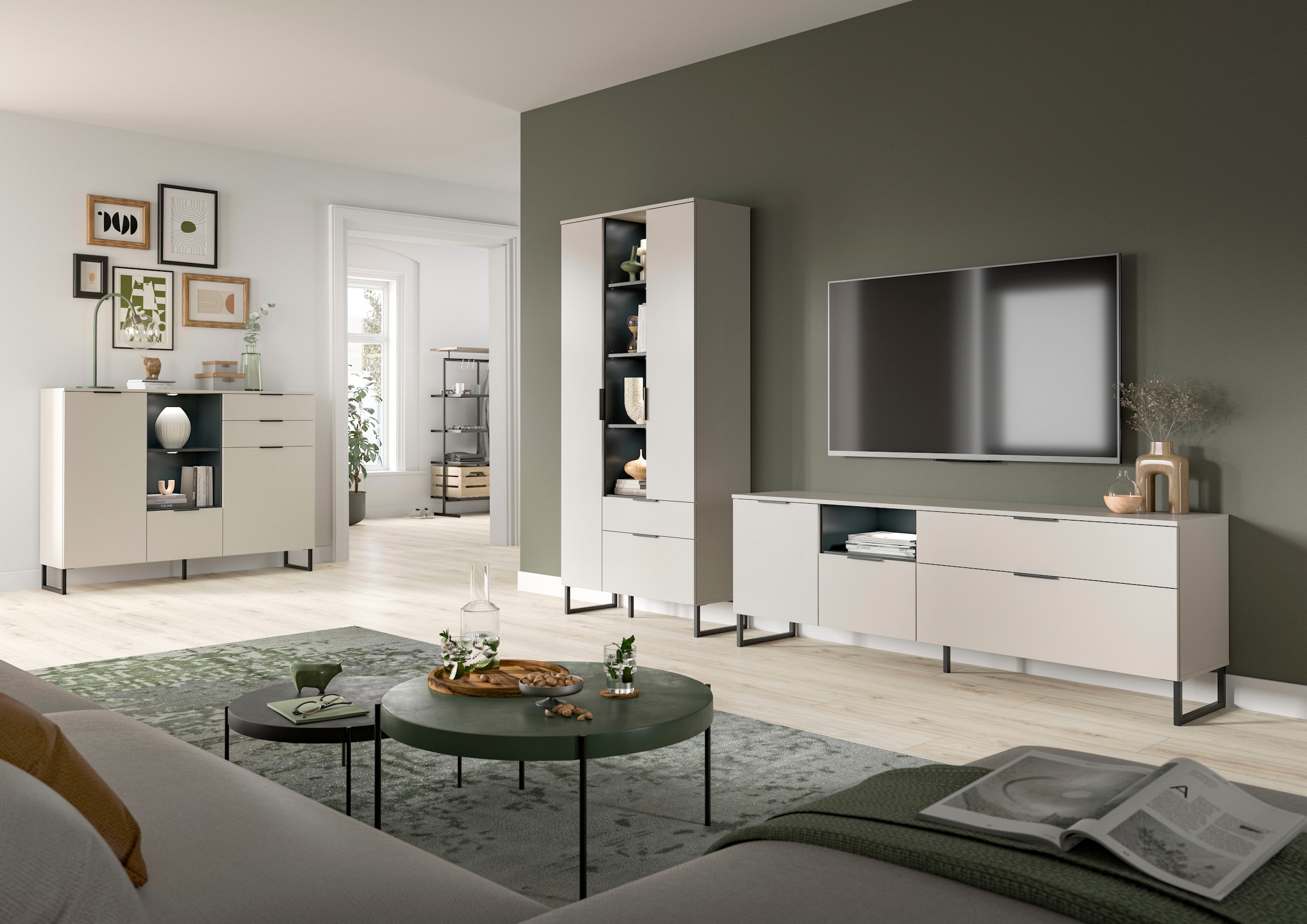 Home affaire Meuble mural »ADIO, Breite 290 cm, 2-teiliges Set, mit Metall-Kufenfüsse« Set, bestehend aus: Mehrzweckschrank und Lowboard, 2 cuis tlg.