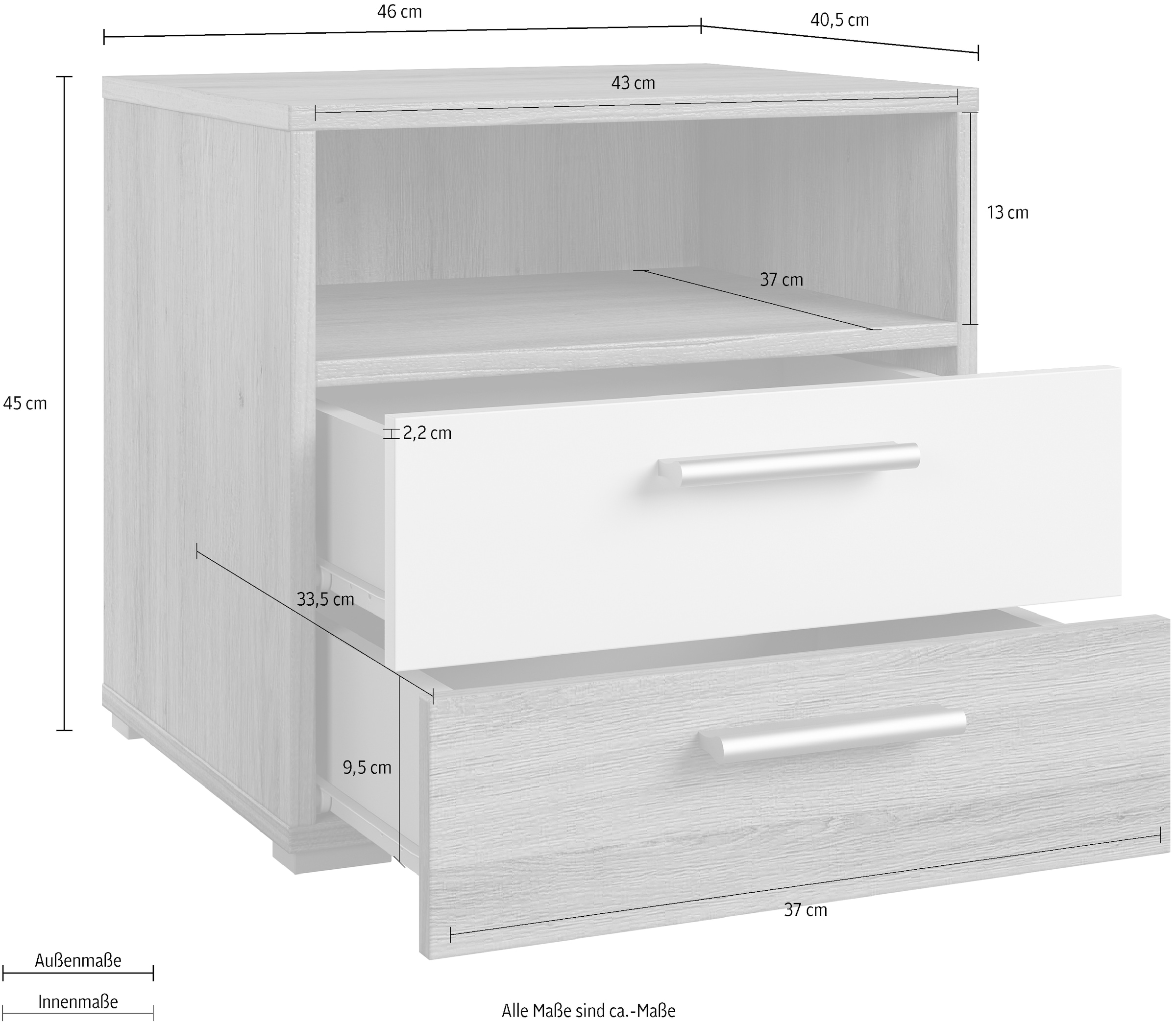 Home affaire Table de nuit »Bitry, Breite 46 cm, moderner Nachtschrank mit 2 Schubladen« Nachttisch, viel Stauraum, offene Fach