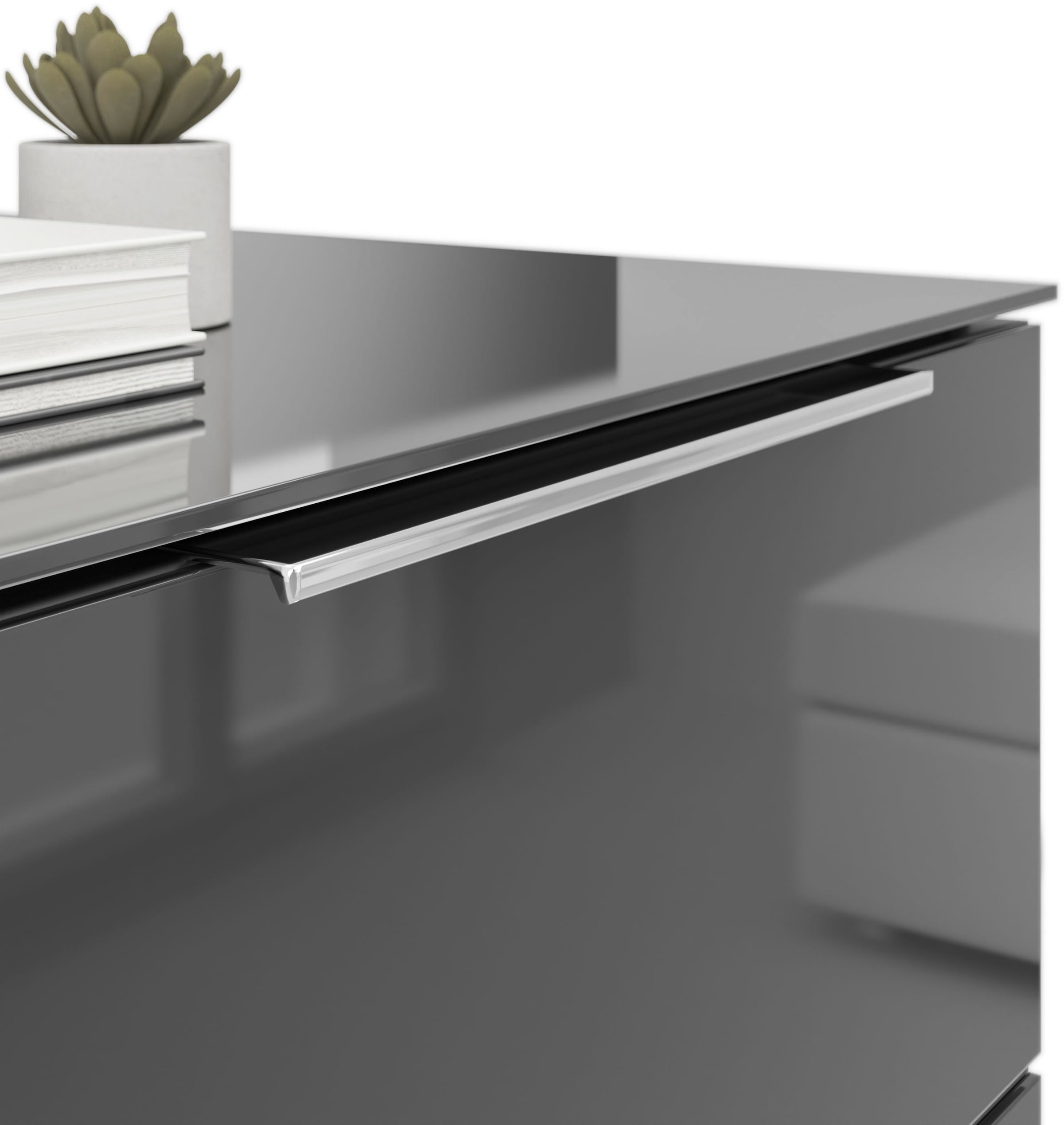 Manjana Möbel Nachtkommode »mit Chrom oder Schwarz matten Metallgriffen« mit Glasfronten, melaminbeschichtete Oberfläche, mit Vollauszug