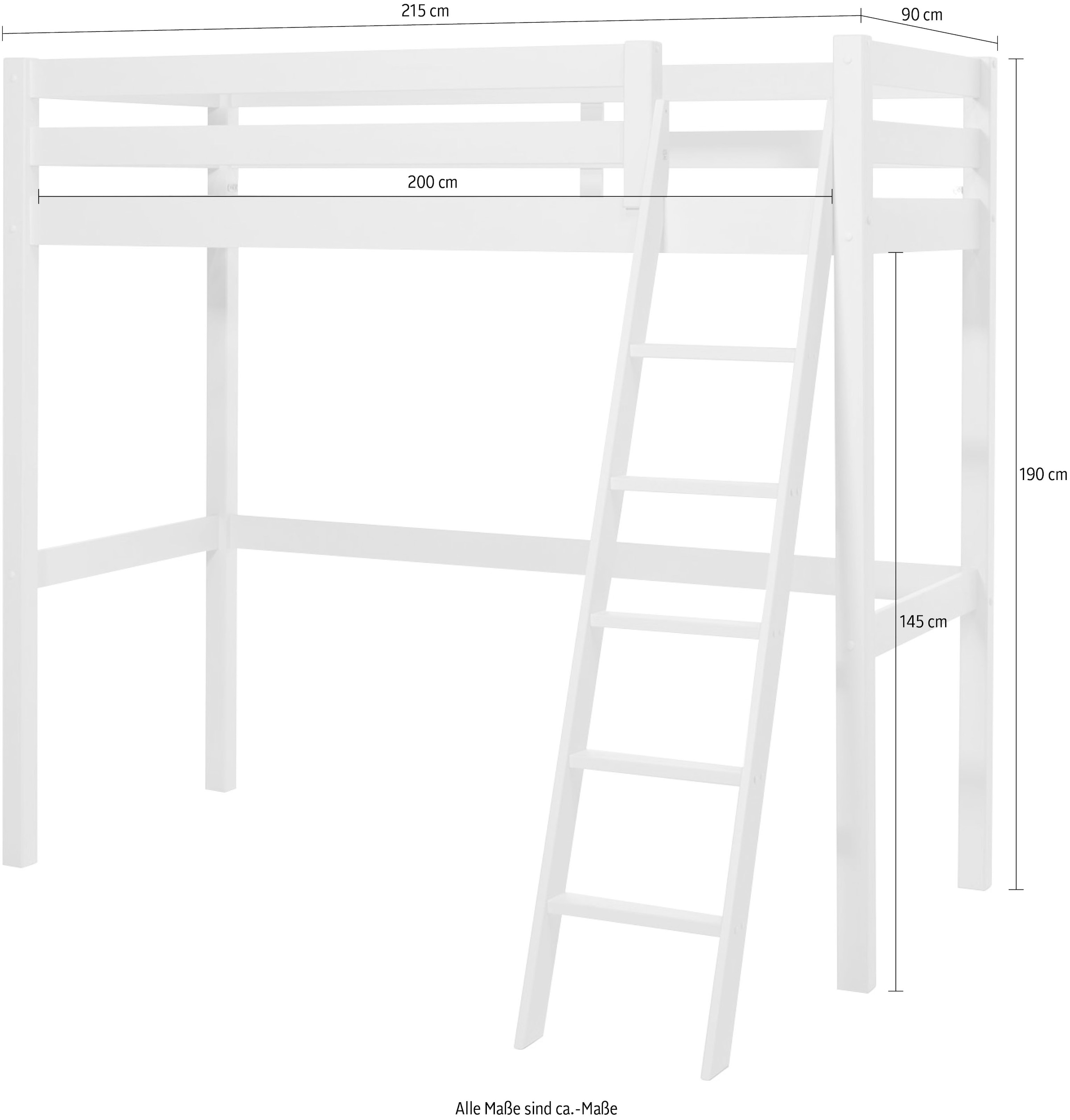Vipack Hochbett »Pino, inkl. Rolllattenrost, Absturzschutz und schräger Leiter« B/H/T ca. 209x190x215cm, Höhe unter der Liegefläche 145 cm nutzbar,  in zwei Breiten 90 oder 140 cm erhältlich