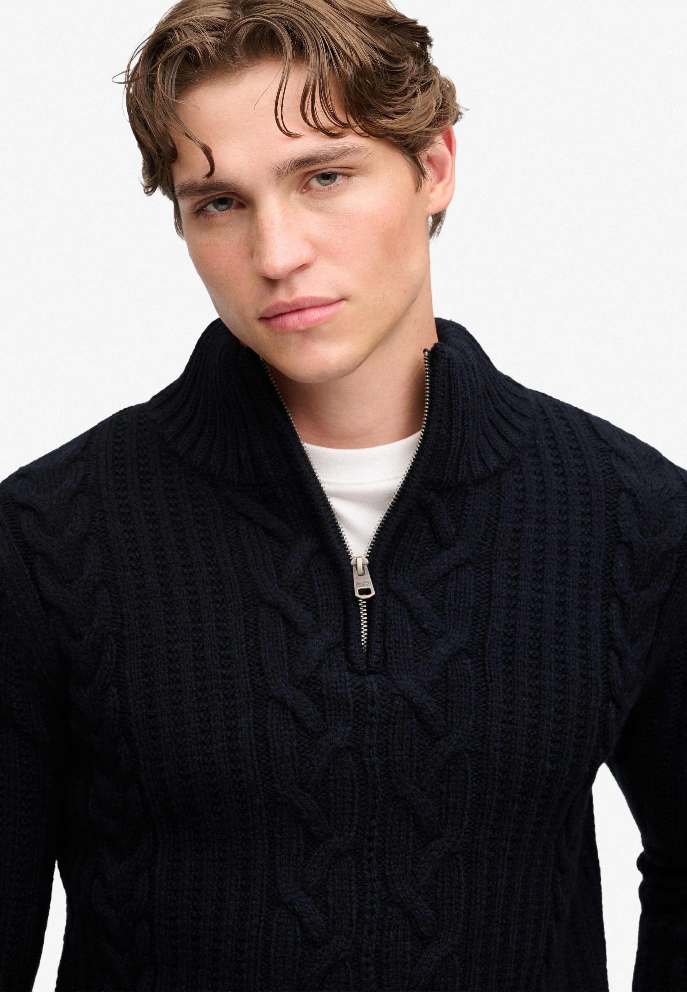 Superdry Strickpullover »JACOB CABLE HALF ZIP KNIT« Materialmix, slim fit