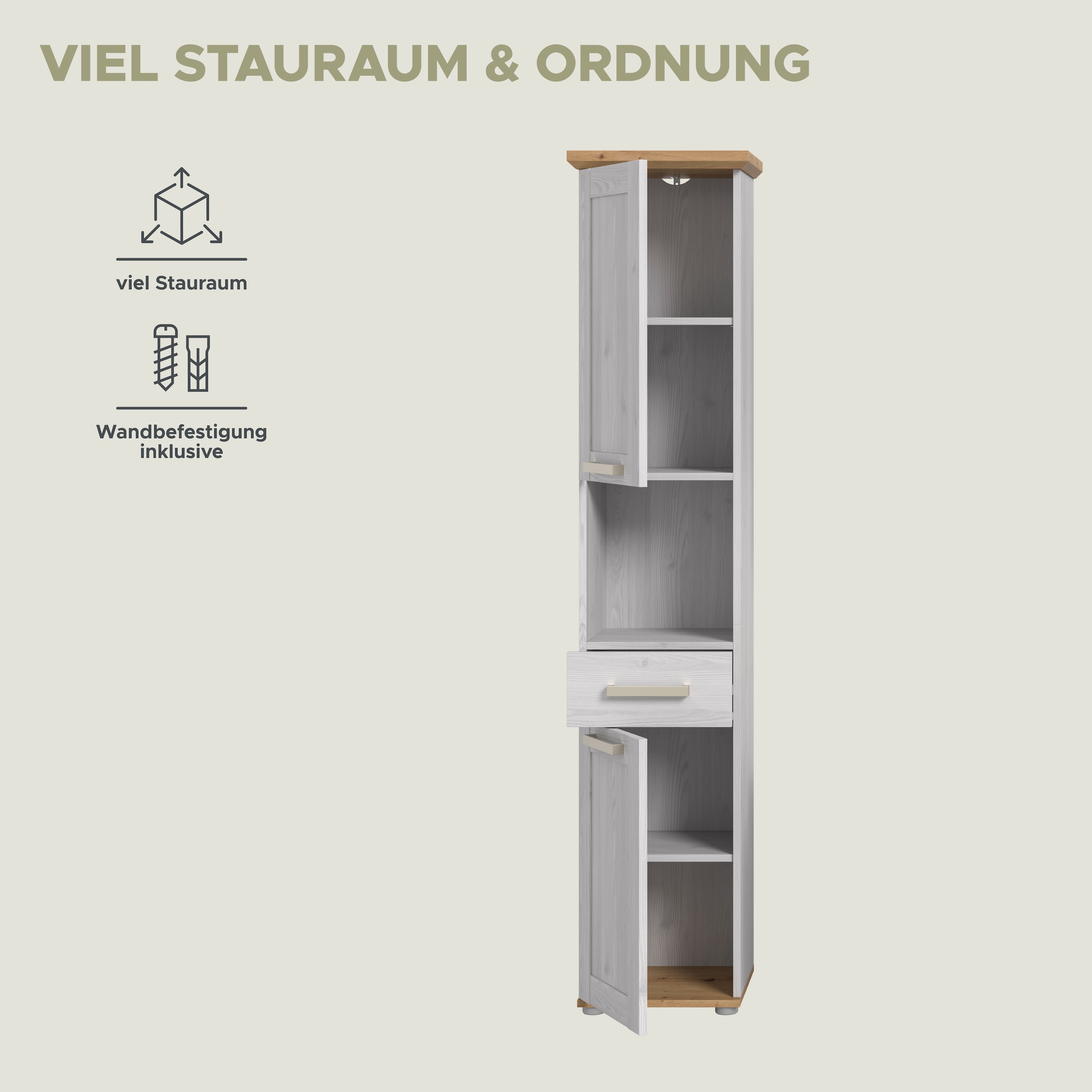 welltime Armoire haute »COSENZA, Höhe 187cm, 2 Türen, 1 Schubkasten, 1 offenes Fach« in Landhausoptik, mit weiteren Artikel der Serie kombinierbar, 1 cuis tlg. Hochschrank, Bad, Badezimmerschrank