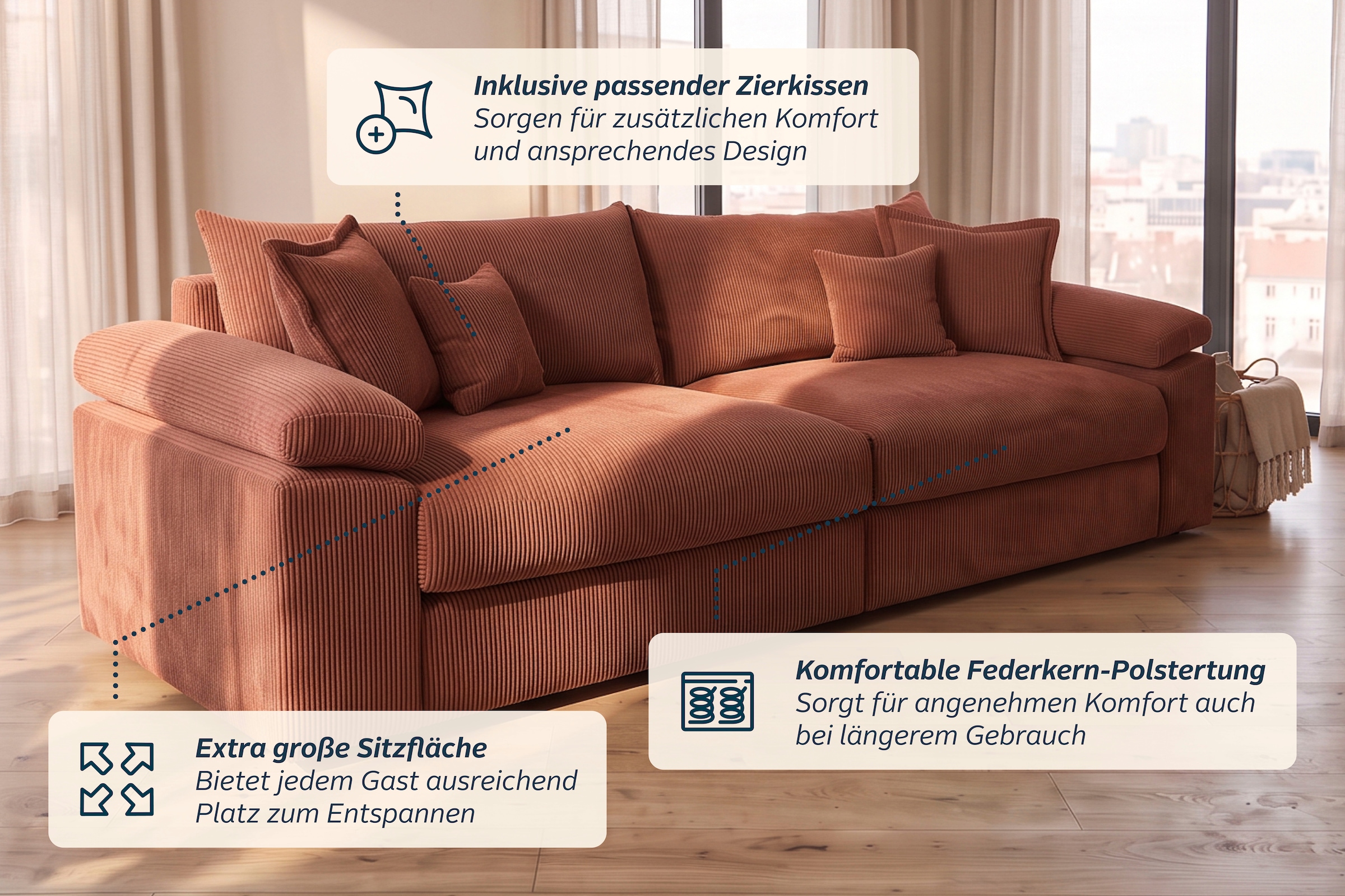 GOODproduct Big-Sofa »Soft&Cosy XXL, B: 303 cm - OTTO. Verlässliche Qualität.« Mega-Sofa, Cord oder Chenille-Struktur, mit Federkern & 4 Zierkissen