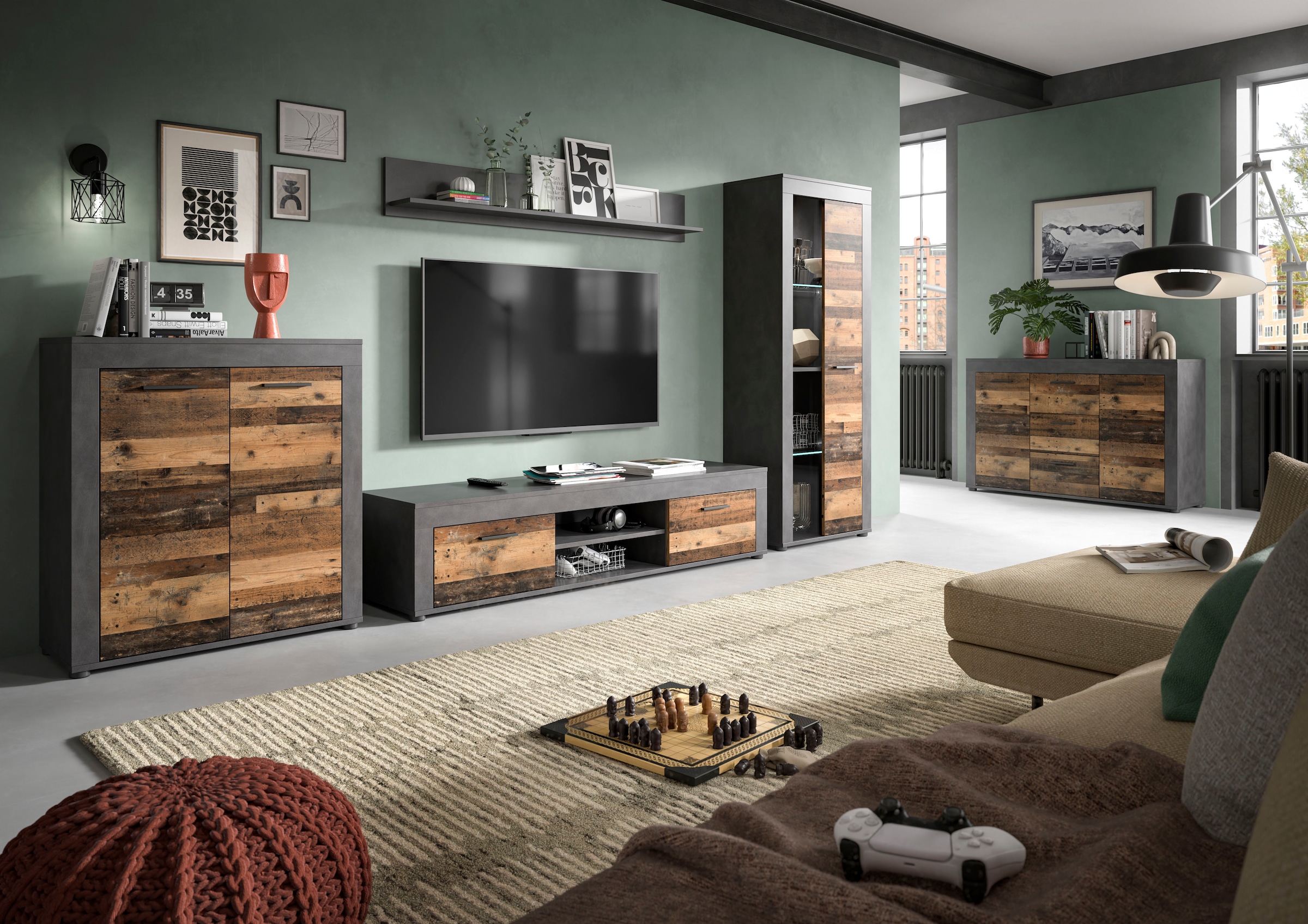Home affaire Meuble mural »AOSTA, Breite 310cm, 4-teilige Wohn-Kombination« bestehend aus: Vitrine, Lowboard, Wandboard & Vitrine hoch, 4 cuis tlg.