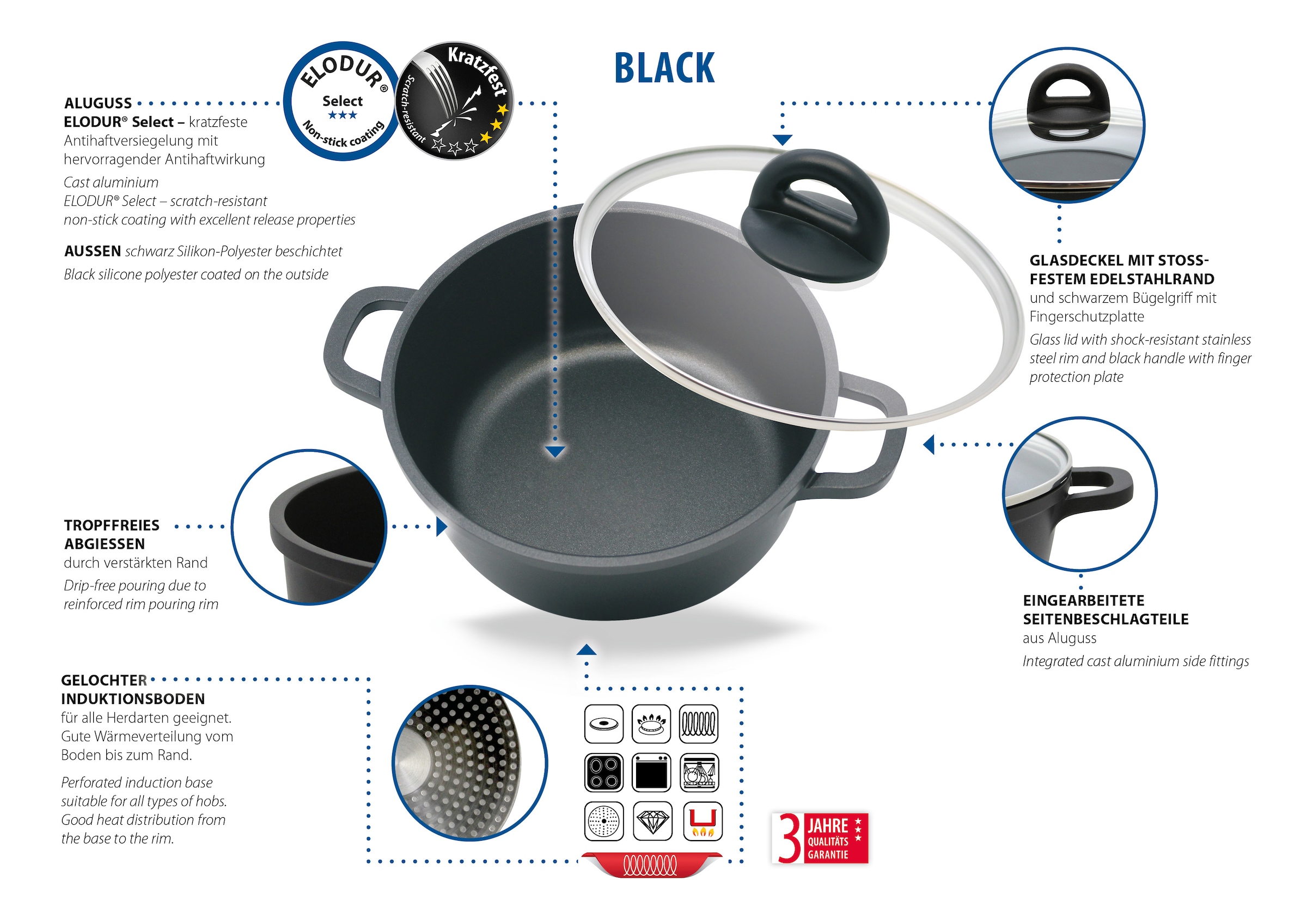 Elo Basic Set de casseroles »Black« Ensemble, 3 casseroles avec couvercle, 6 cuis tlg. Aluminium moulé