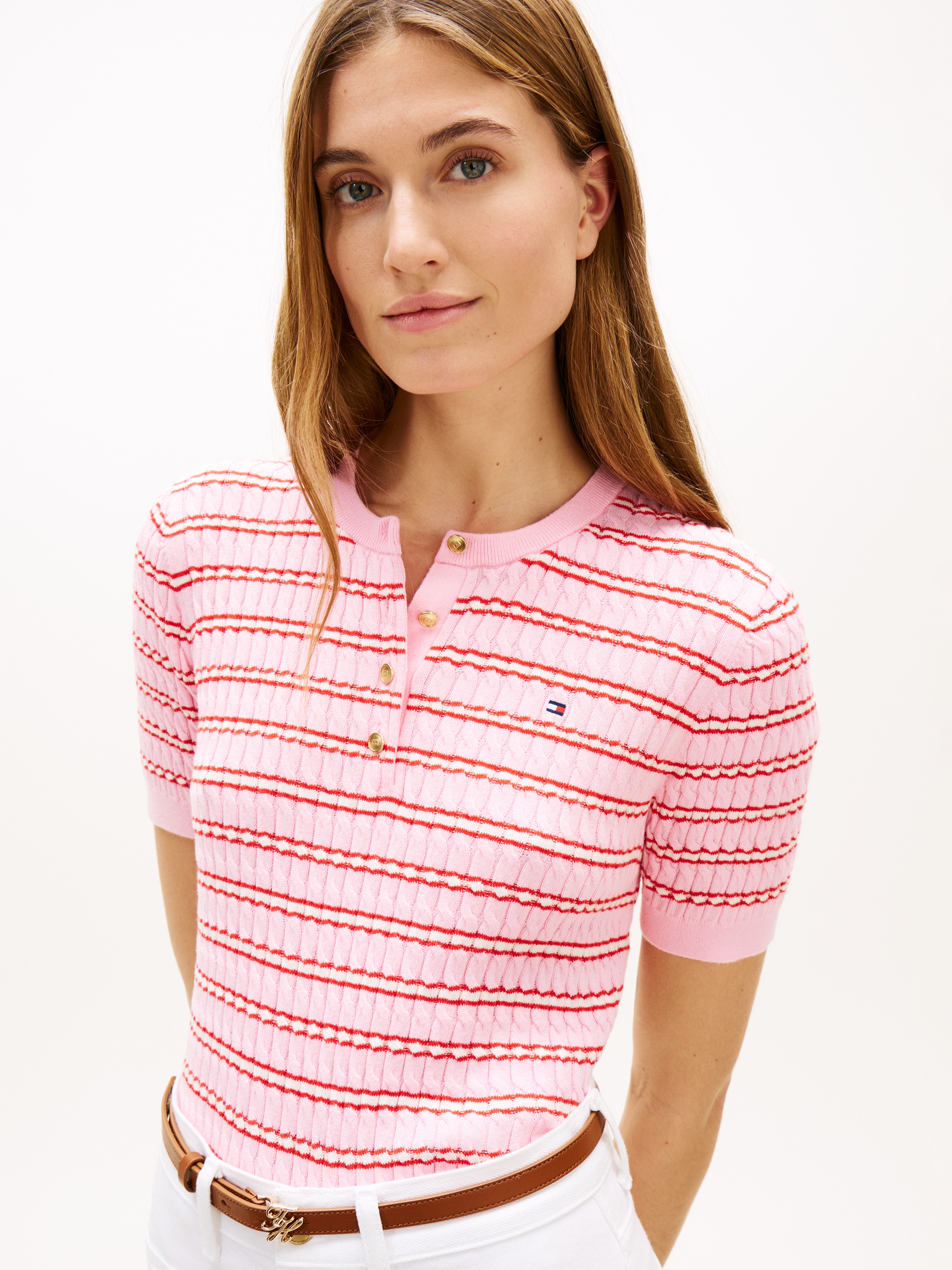 Tommy Hilfiger Pull en tricot »CO CABLE FINE GG SS HENLEY« mit Zopfmuster