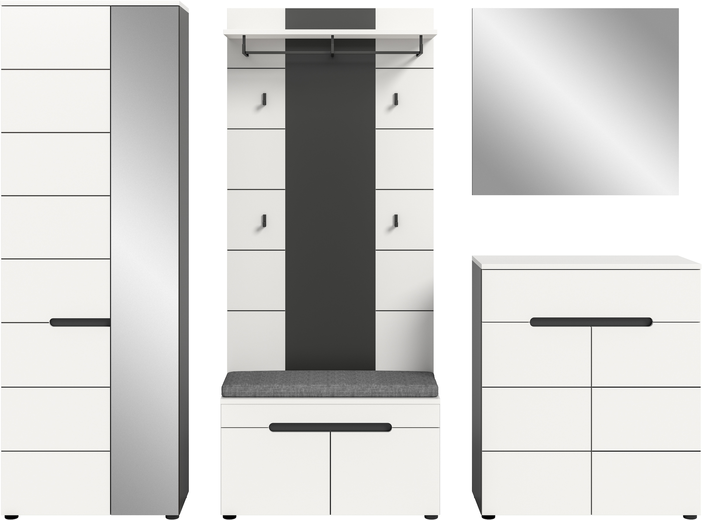 Home affaire Garderoben-Set »REHAT, TOPSELLER!, 5-teilig, Breite 255 cm, individuell erweiterbar« Set, bestehend aus: Schrank, Sitzbank, Sitzkissen, Paneel, Spiegel, Kommode, 6 Stk. tlg.