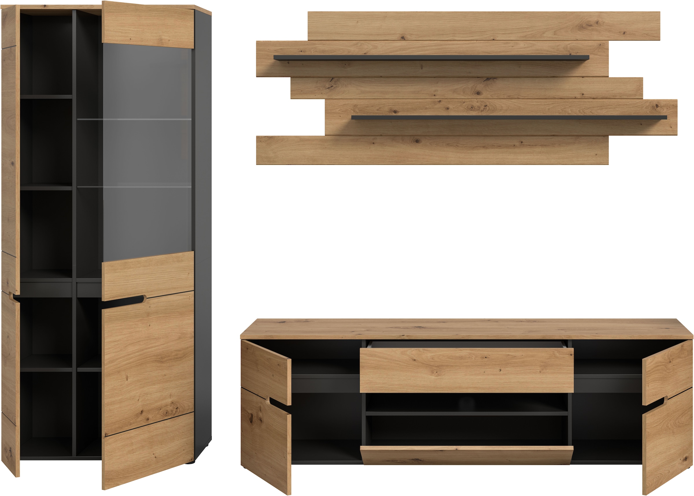 Home affaire Meuble mural »REHAT, TOPSELLER!, 3-teilig, Breite 280 cm, individuell stellbar« Set composé de : vitrine, meuble bas et étagère murale, 3 cuis tlg.