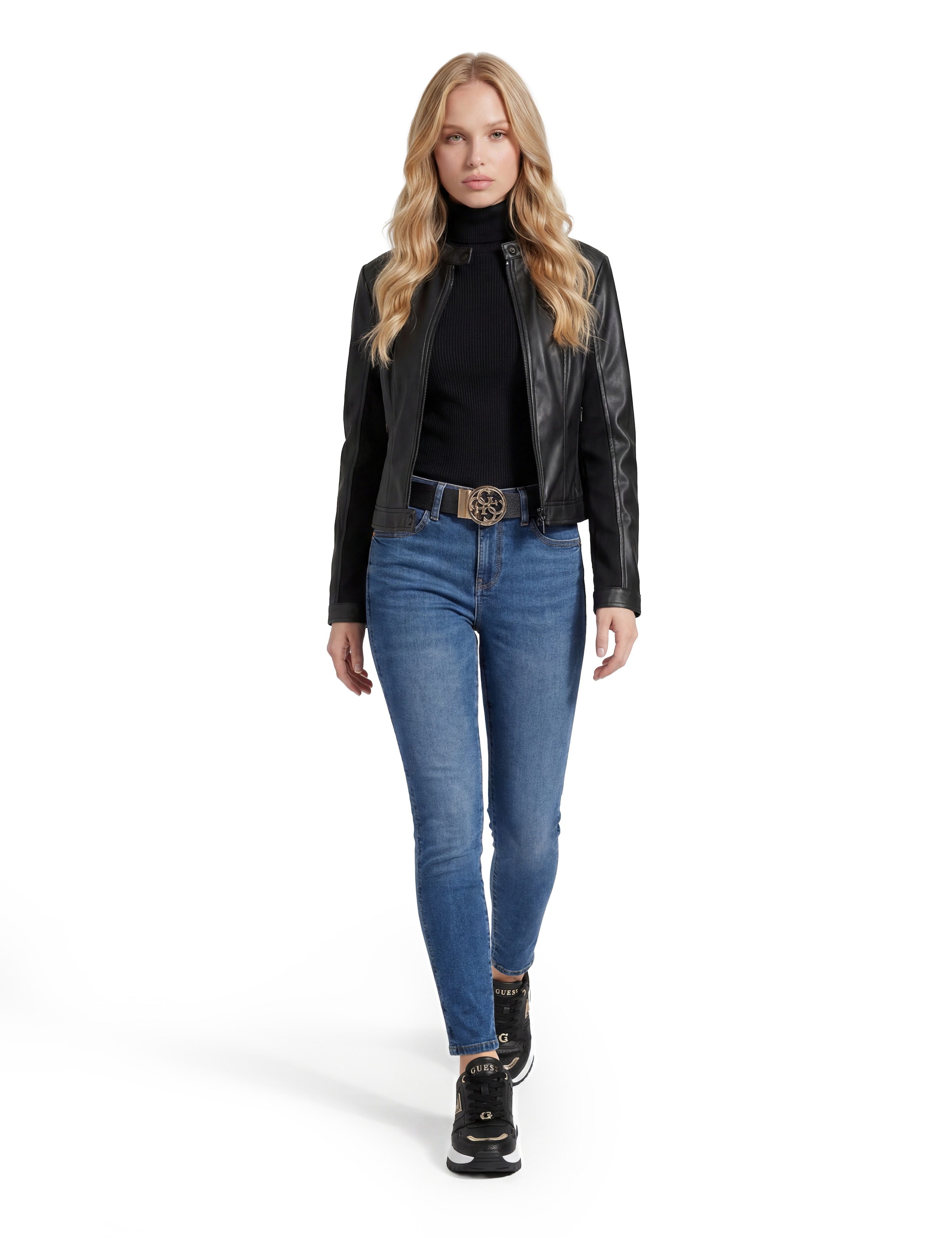 Guess Rollkragenpullover »LS TN ELLIE SWTR« in gerippter Struktur, Knopf-Details