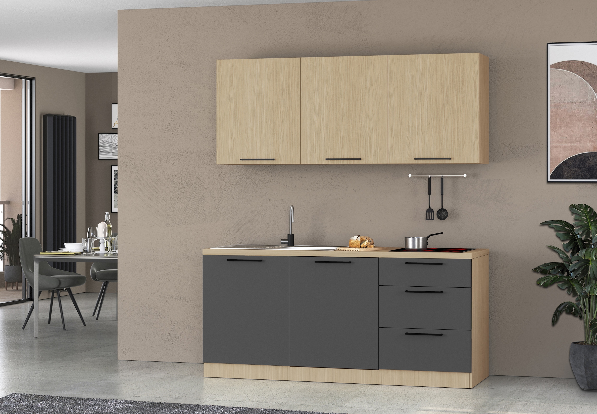 KOCHSTATION Kitchenette »Luna, Küchenzeile mit Spüle + Siphon, ohne E-Geräte« Breite 182 cm,Türen mit Soft-Close Funktion, Metalgriffe,Made in Italy