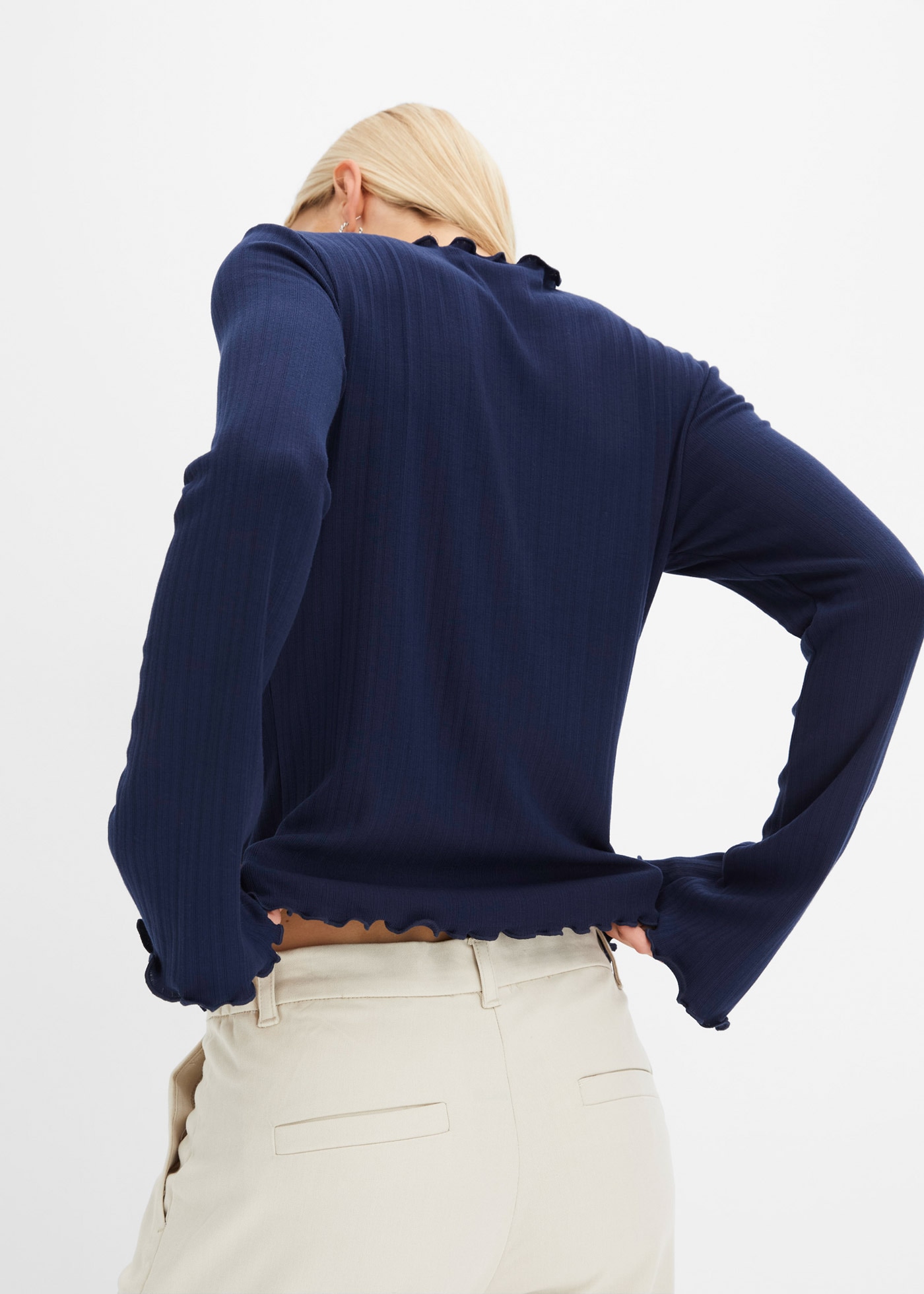 bonprix Langarmshirt »Geripptes Langarmshirt« schmale Passform, mit Trompetenärmeln, ohne Verschluss und Kragen