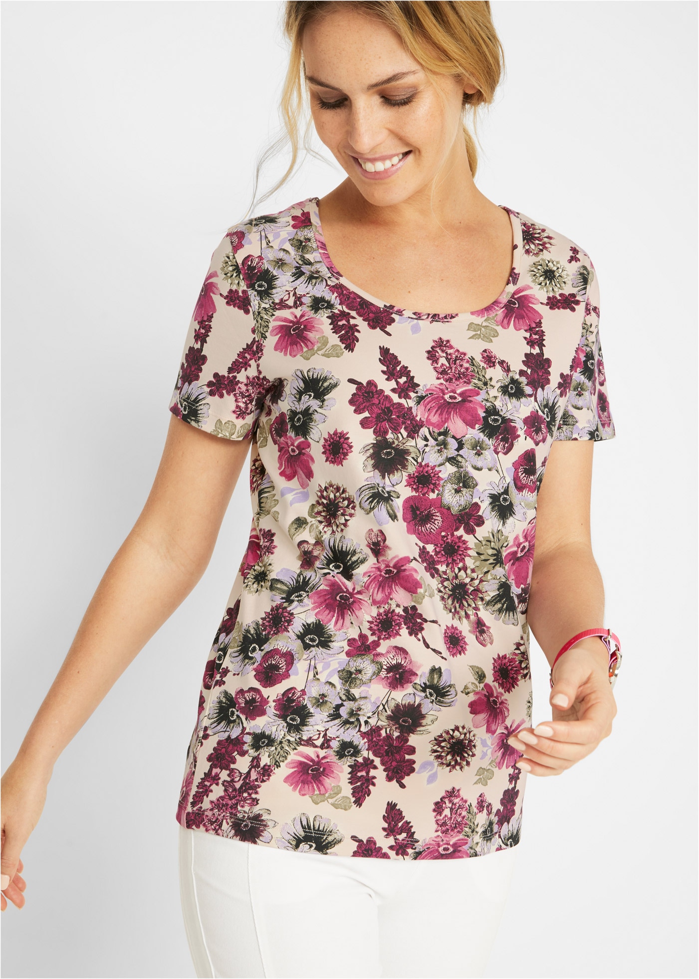 bonprix T-shirt Packung, 2 schmale Passform, Kurzarm, 1x uni und 1x bedruckt