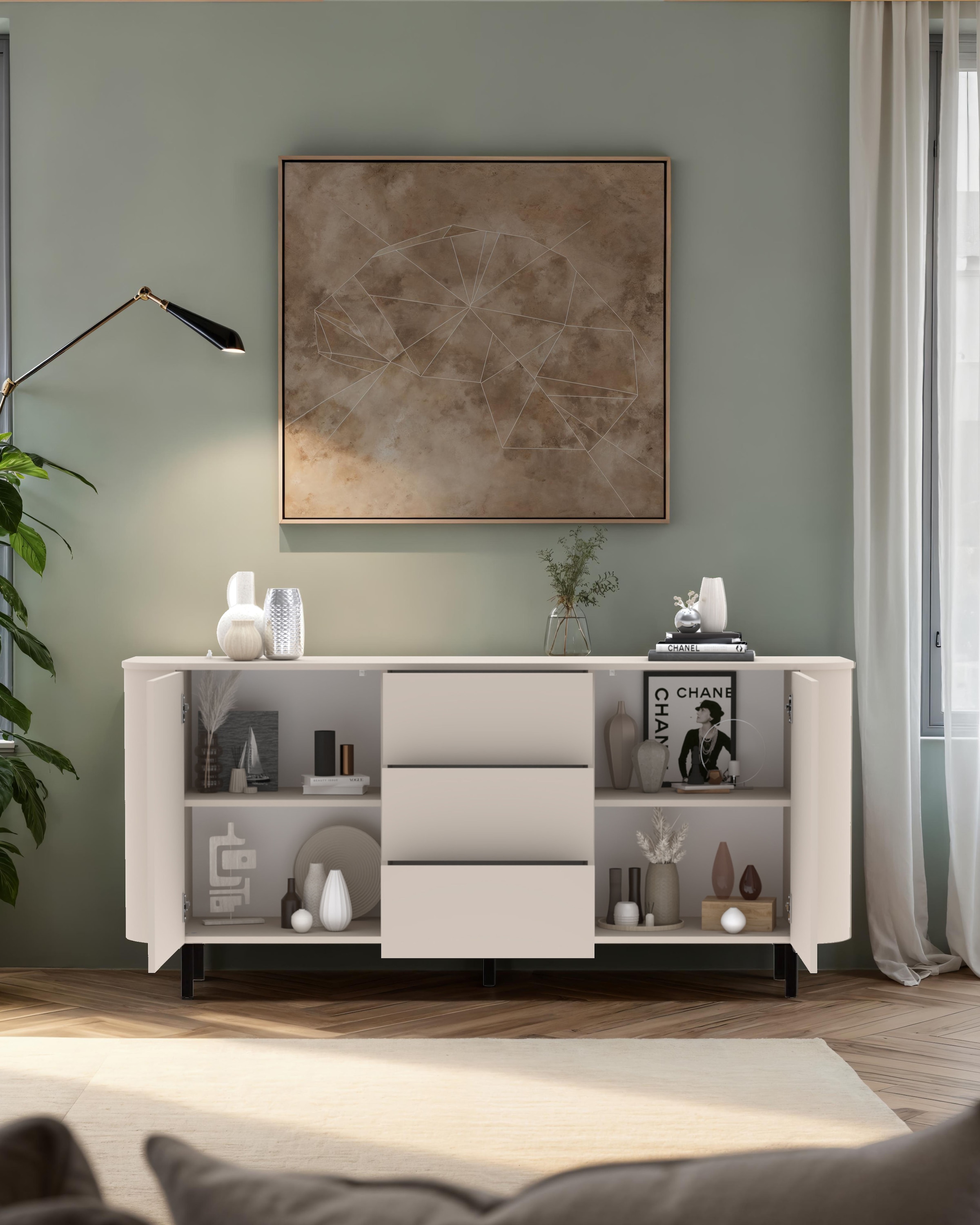 GOODproduct Sideboard »Lido, 181 cm breit, 2 Türen, 3 Schubkästen, Kommode, Stauraumschrank« Formgebogenes MDF, Stirnseiten mit Rundung, Push-to-open, Metallfüsse