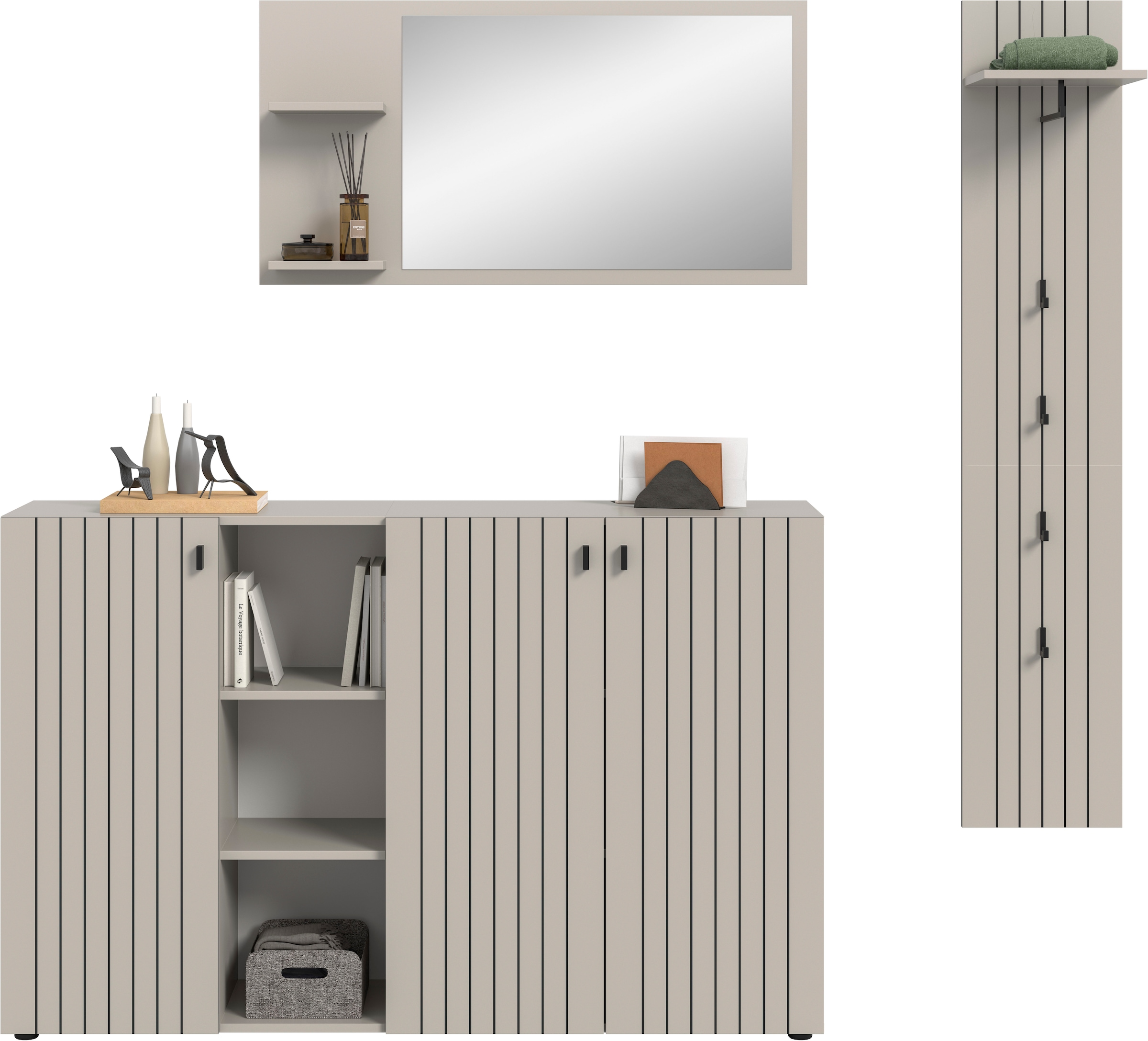 Home affaire Ensemble de vestiaires »TATIO, 3-tlg. Garderobenkombination, Breite: 201 cm, Rillenfräsung« Set, Set, best. aus: 1 Spiegel, 1 Garderobenpaneel, 1 Schuhkommode, 3 cuis tlg.