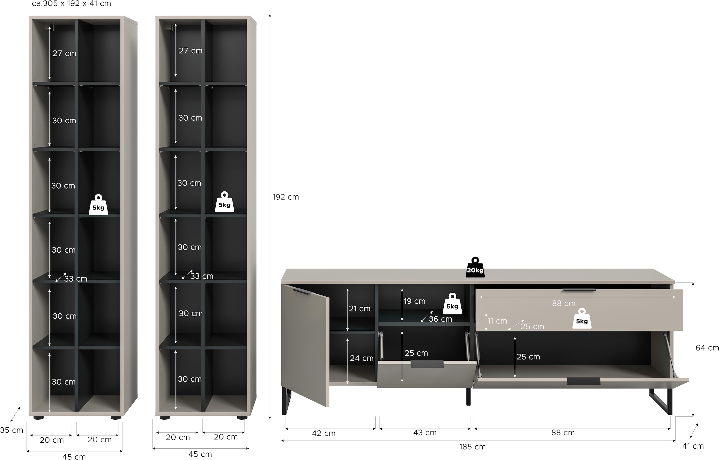 Home affaire Meuble mural »ADIO, Breite 305 cm, 3-teiliges Set, mit Metall-Kufenfüsse« Set, bestehend aus: 2x Standregal und Lowboard, 3 cuis tlg.