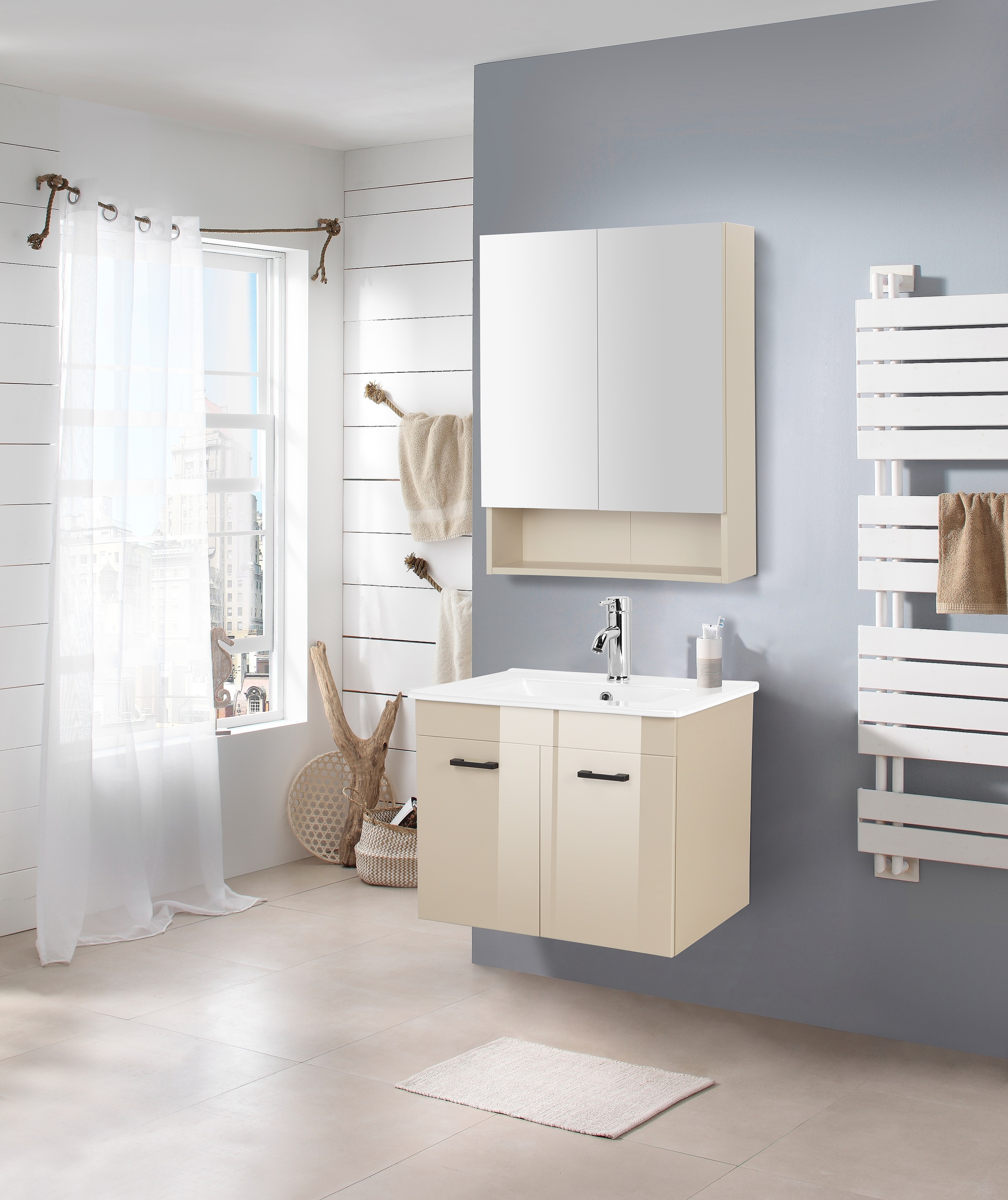 welltime Waschtisch »Florenz, Breite 60cm, 2 Tür, 2 Fächer, MDF-Front« Komplett-Set,  Waschplatz mit 2 Türen,in verschiedenen Farben erhältlich, Badmöbel