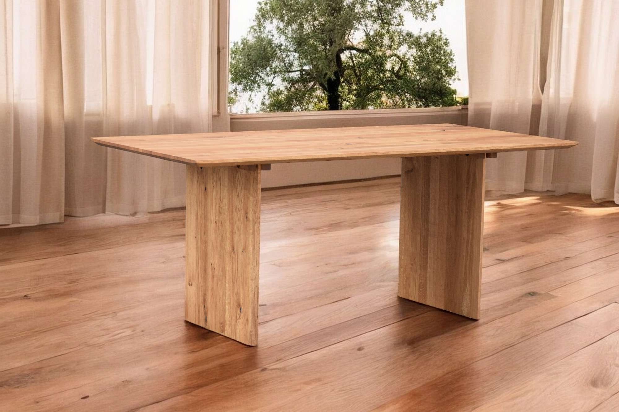 GOODproduct Esstisch »Waldhain Küchentisch, Holz-Wangengestell, Wildeiche massiv geölt« Baum Kante oder Schweizer Kante, erhältlich in 3 Grössen, natur geölt