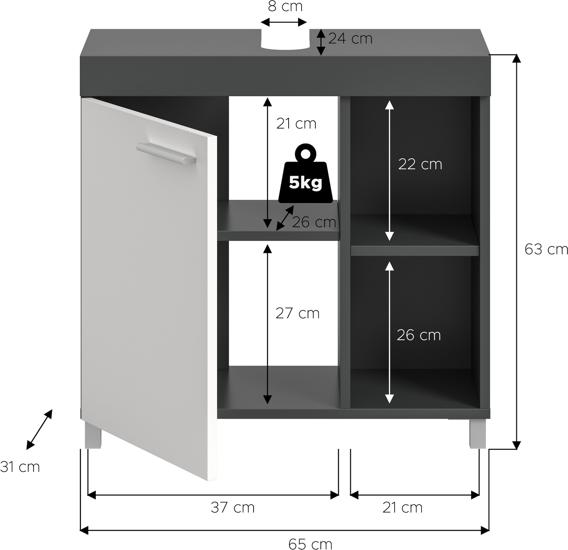 welltime Armoire sous lavabo »HANO,  Badezimmer, WBU, Waschtisch,  Kommode, Unterschrank« in 2 verschiedenen Farben und 2 verschiedenen Ausstattungen erhältlich,  1 Tür, 2 höhenverstellbare E-Böden, 4 Fächer, mit Siphonausschnitt