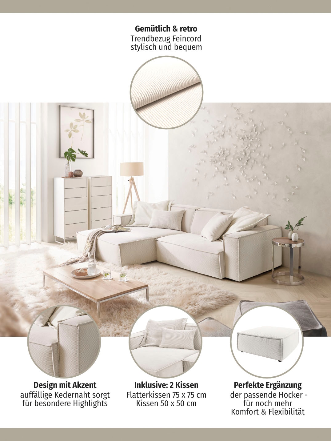 3C Candy Ecksofa »Matteo in elegant, kubischer Formensprache, bequem, L-Form« mit auffälliger Kedernaht, Feincord-Bezug, Lounge-Charakter
