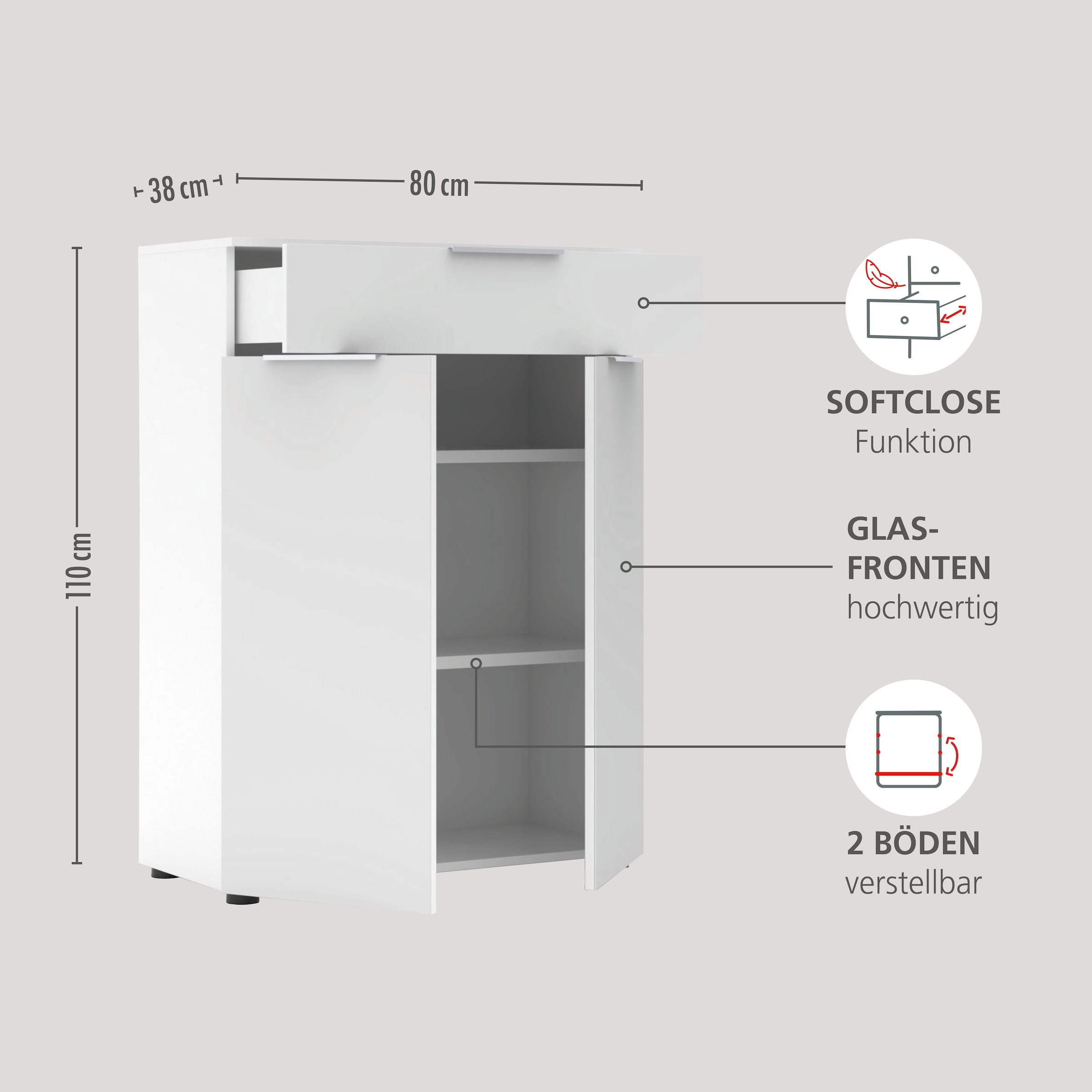 Innostyle Armoire de classement »Büroschrank Santorin, 80/110/38 cm ( B/H/T)« 1 cuis tlg. 2 portes, 1 tiroir, softclose, verre clair, bordure de protection ABS