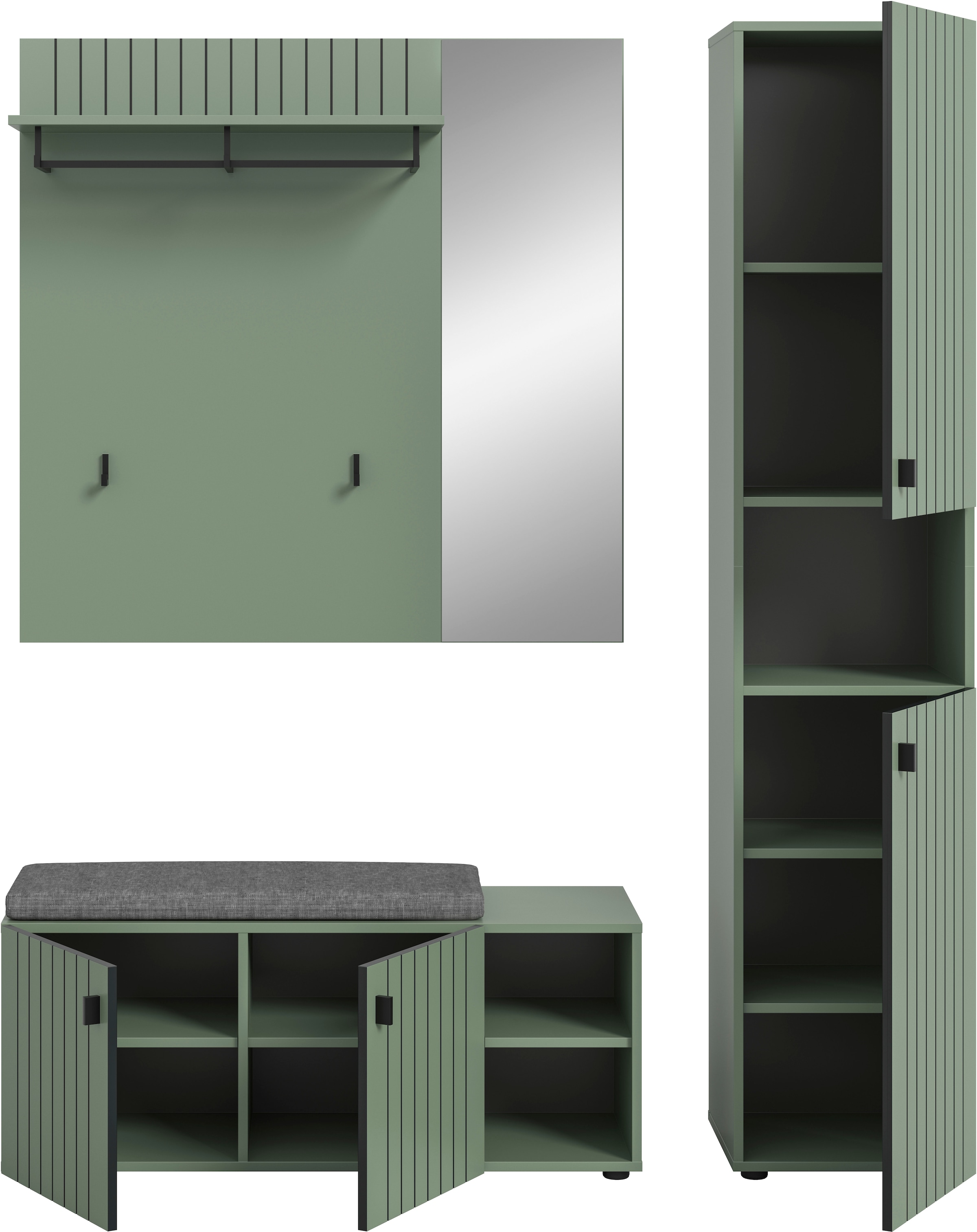 Home affaire Ensemble de vestiaires »TATIO, 4-tlg. Garderobenkombination, Breite: 161 cm, Rillenfräsung« Set, Set, best. aus: 1 Paneel, 1 Garderobenschrank,1 Sitzbank,1 Sitzkissen, 4 cuis tlg.