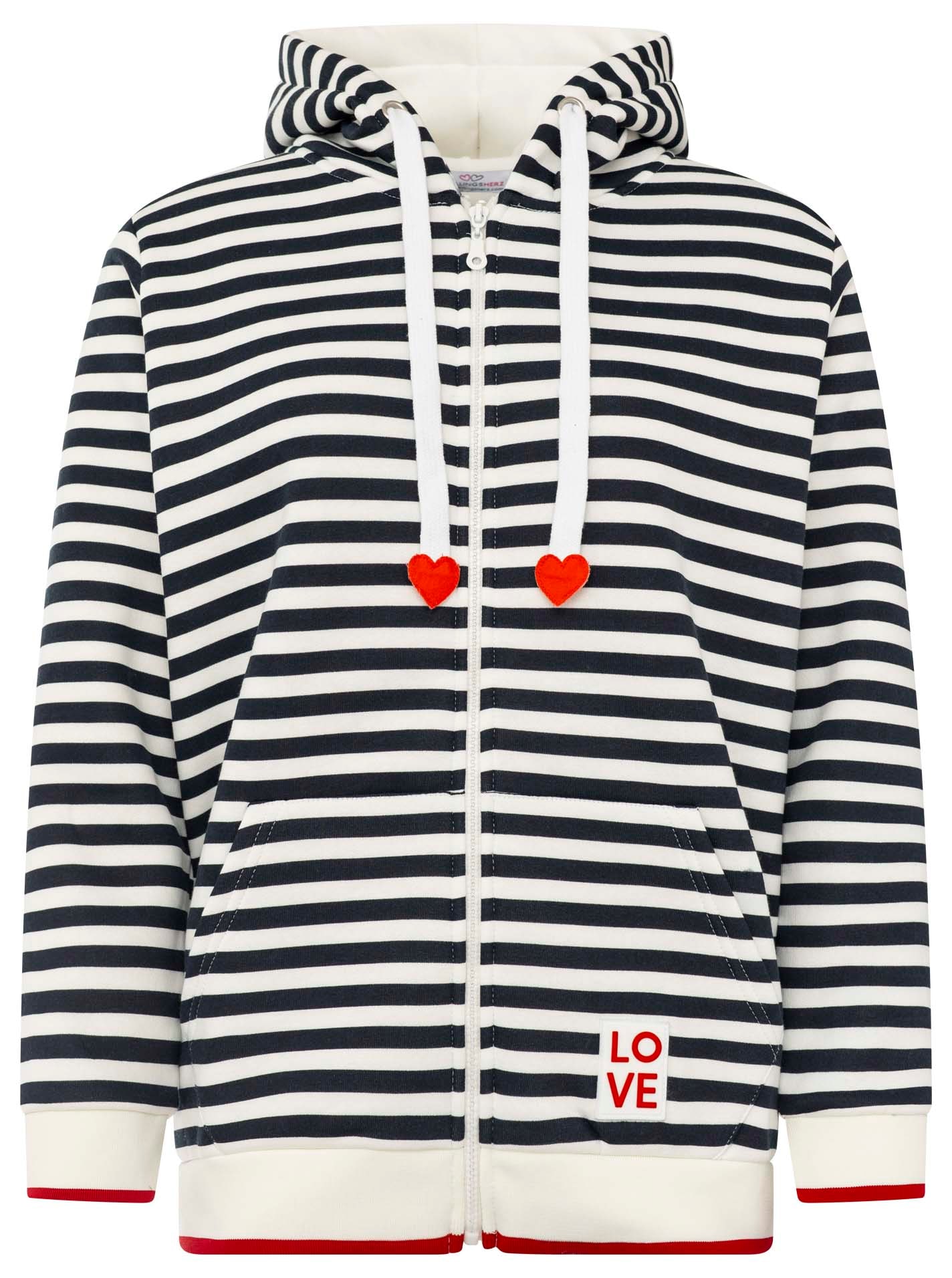 Zwillingsherz Sweat à capuche »"Maritim"« rayé, capuche avec cordon et cœurs, poches, fermeture éclair